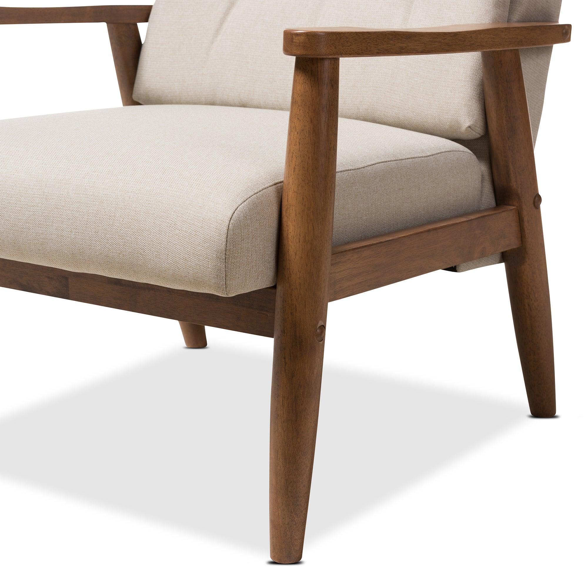 Roxy Mid-Century Modern Wood Finishing and Light Fabric Upholstered Button-Tufted High-Back Lounge Chair and Ottoman Set