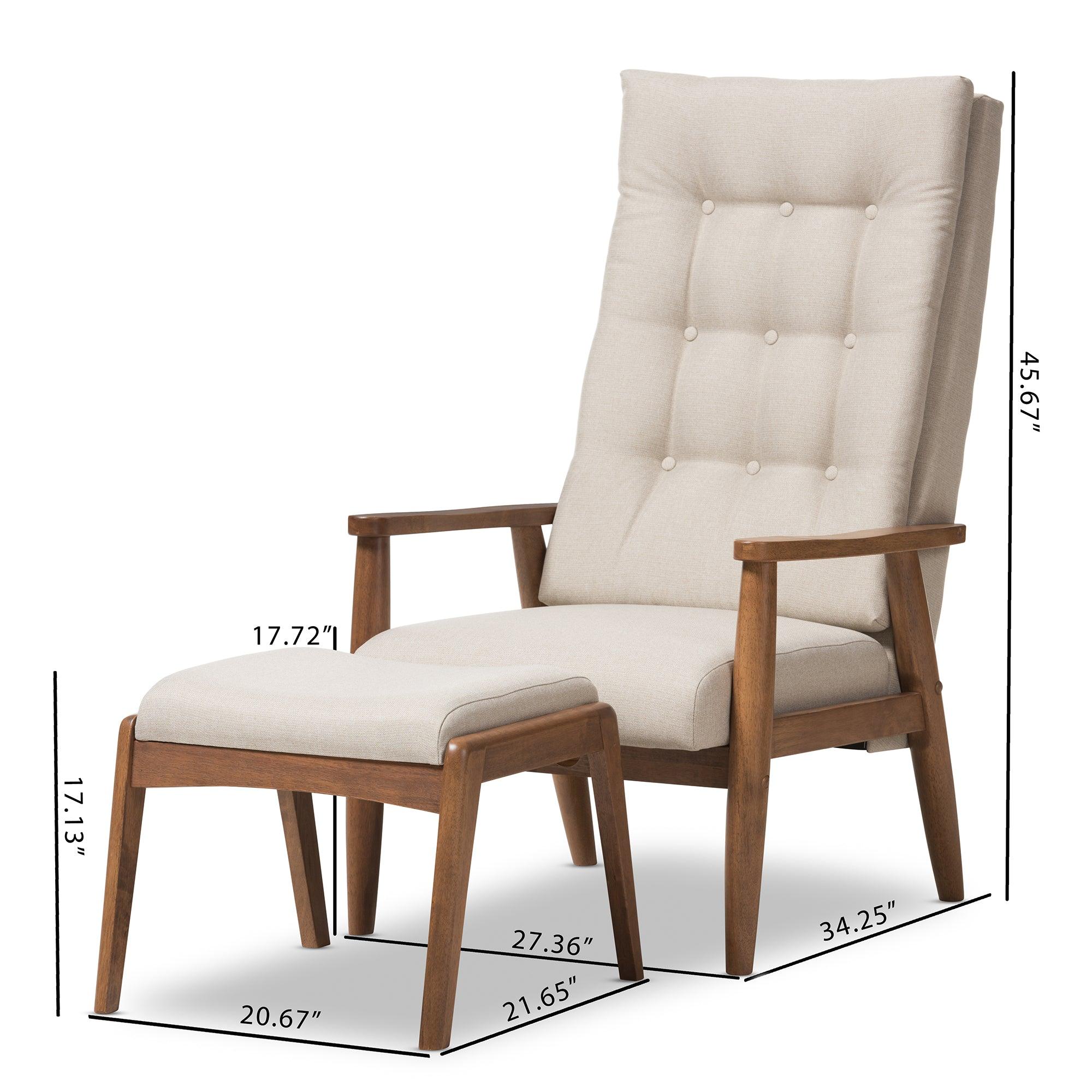 Roxy Mid-Century Modern Wood Finishing and Light Fabric Upholstered Button-Tufted High-Back Lounge Chair and Ottoman Set