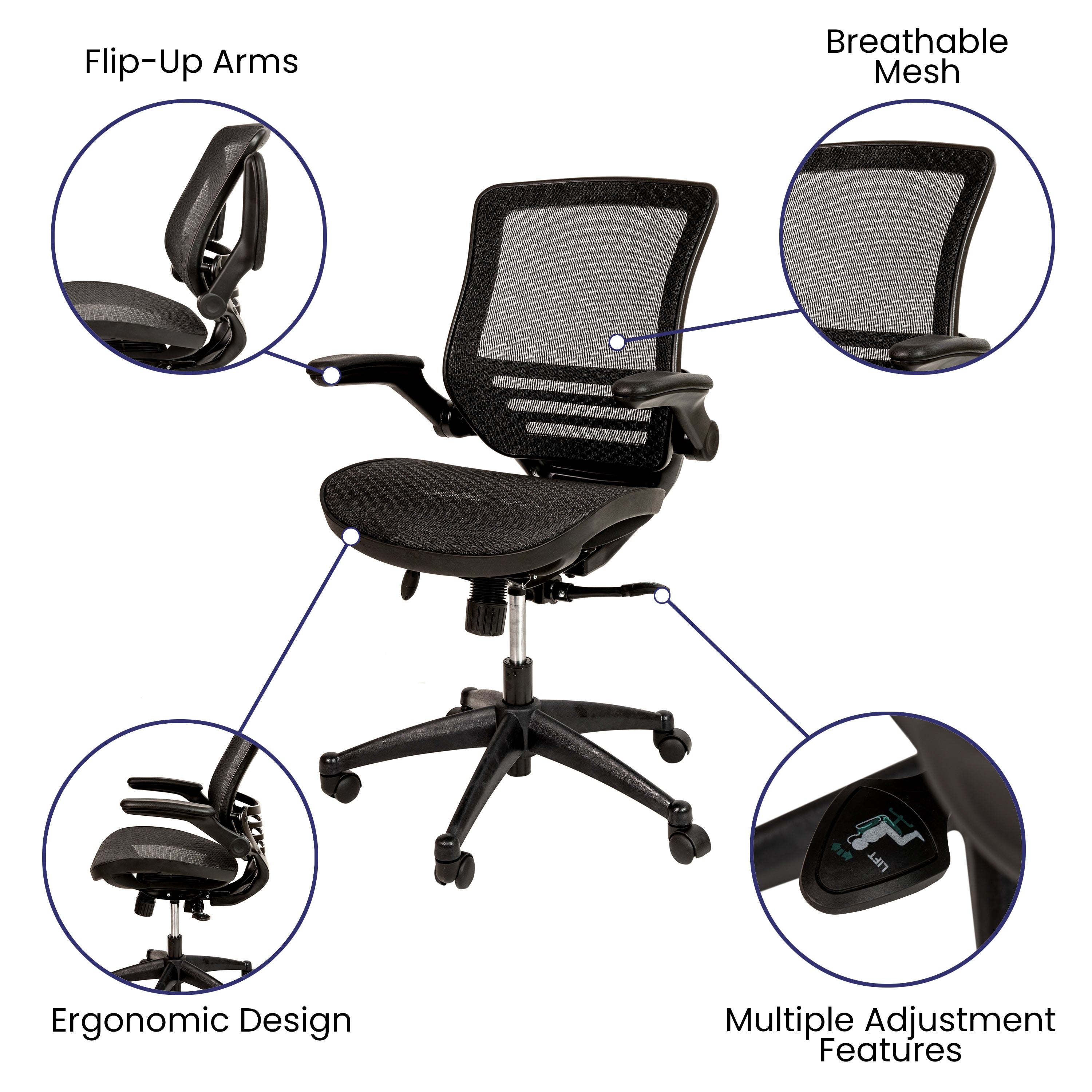 Mid-Back Transparent Mesh Executive Swivel Office Chair with Flip-Up Arms