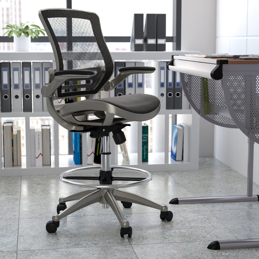 Mid-Back Transparent Mesh Drafting Chair with Flip-Up Arms