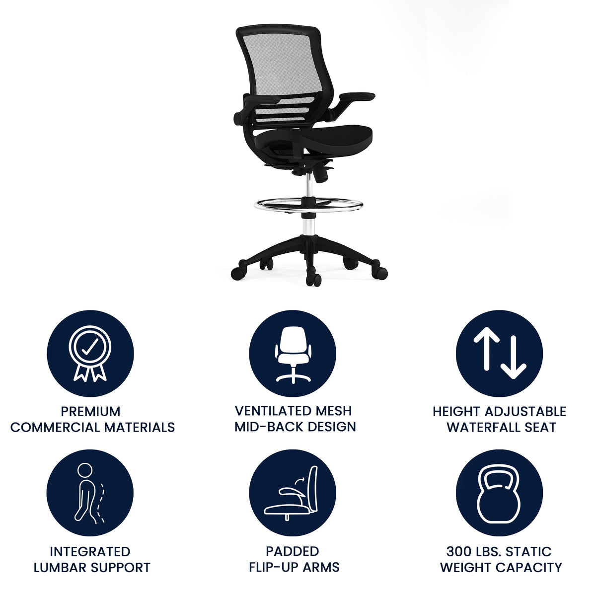 Mid-Back Transparent Mesh Drafting Chair with Flip-Up Arms