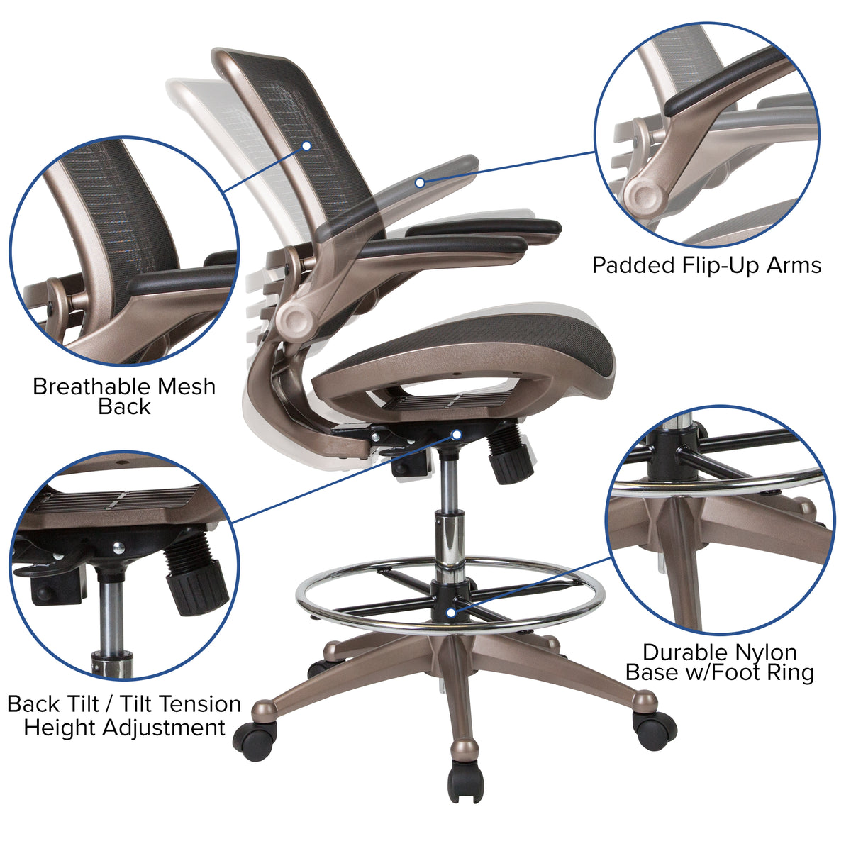 Mid-Back Transparent Mesh Drafting Chair with Flip-Up Arms