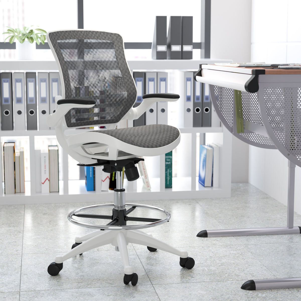 Mid-Back Transparent Mesh Drafting Chair with Flip-Up Arms