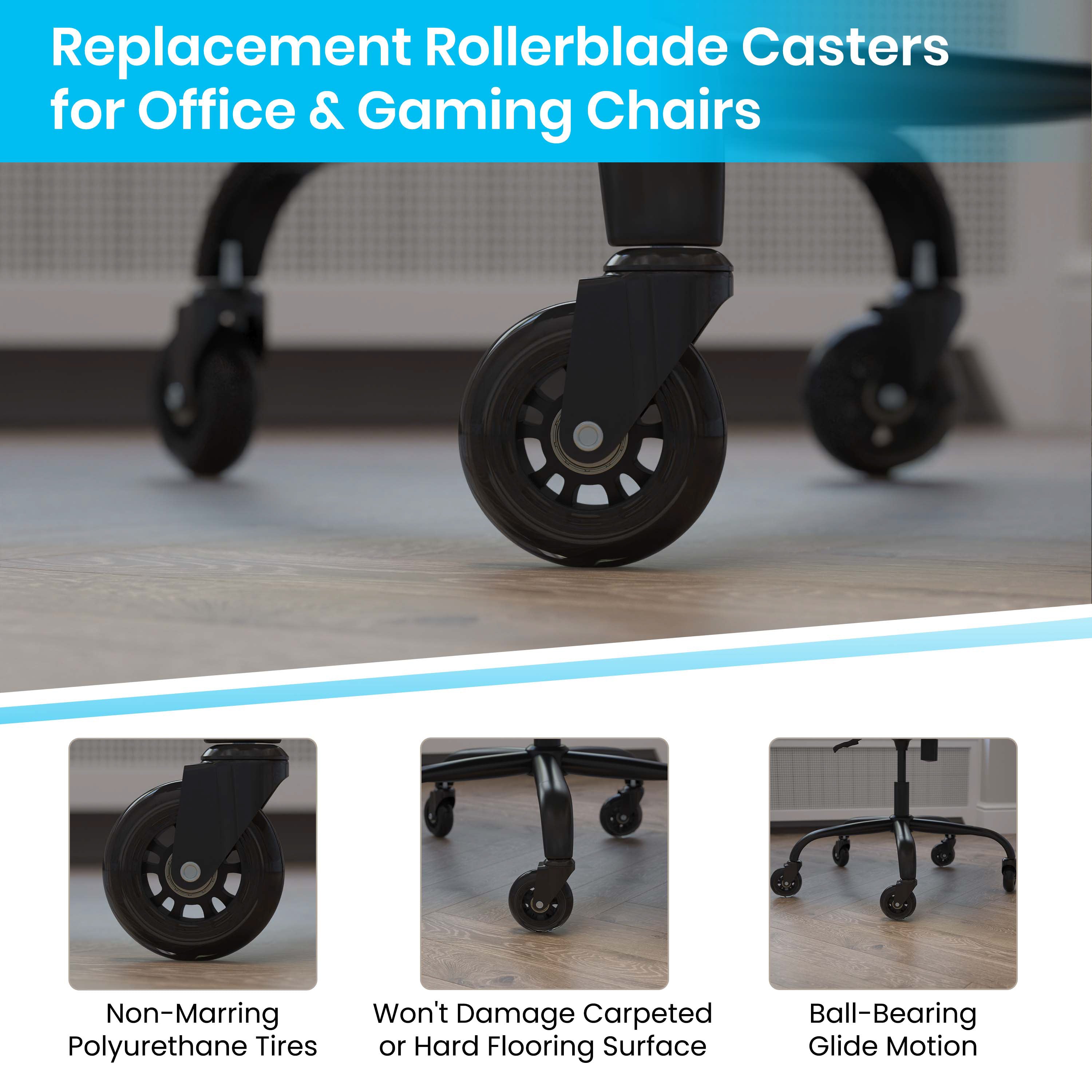 Set of 5 Non-Marring Polyurethane Replacement Wheels with Ball Bearing Motion for Gaming and Home Office Chairs
