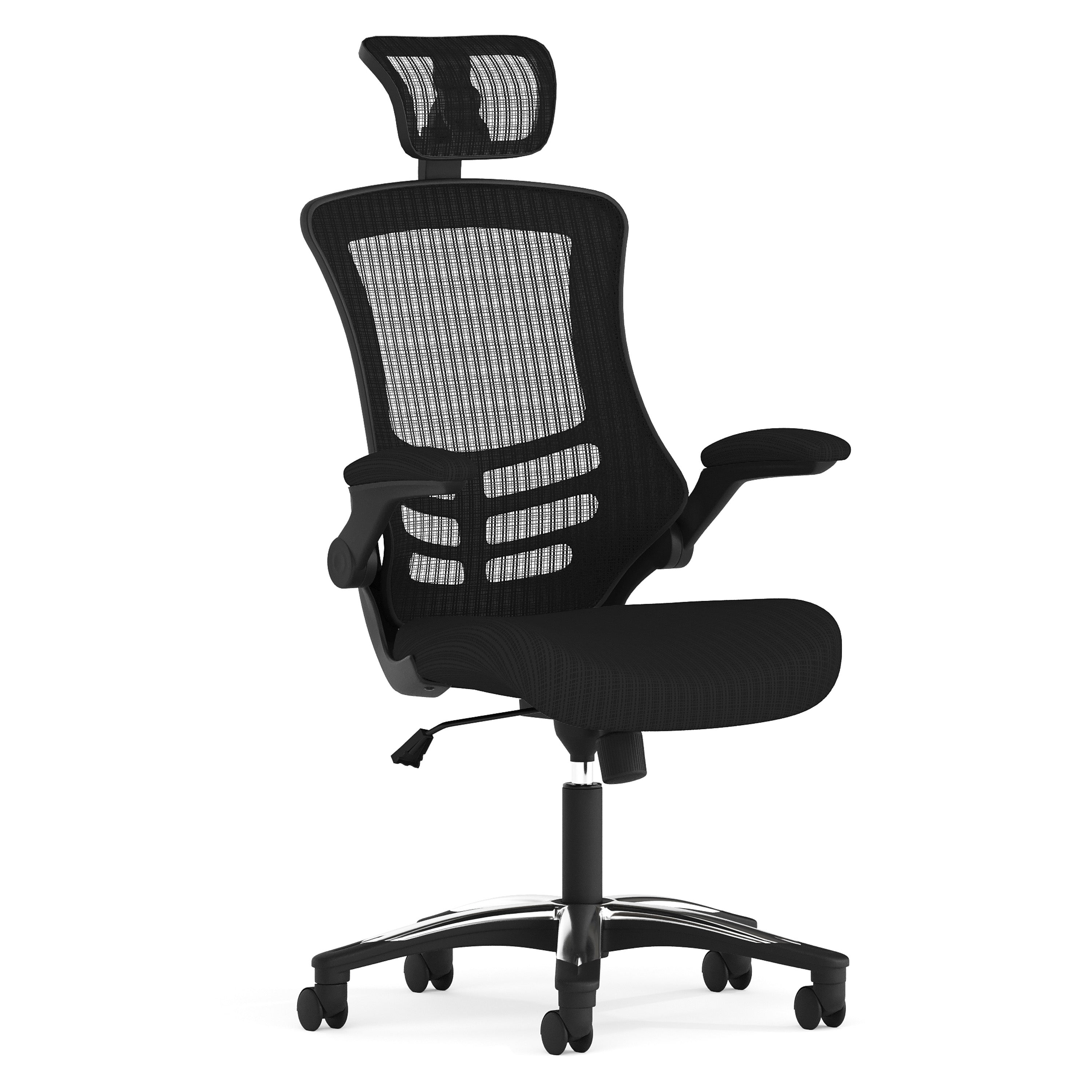 High-Back Black Mesh Swivel Ergonomic Executive Office Chair with Flip-Up Arms and Adjustable Headrest