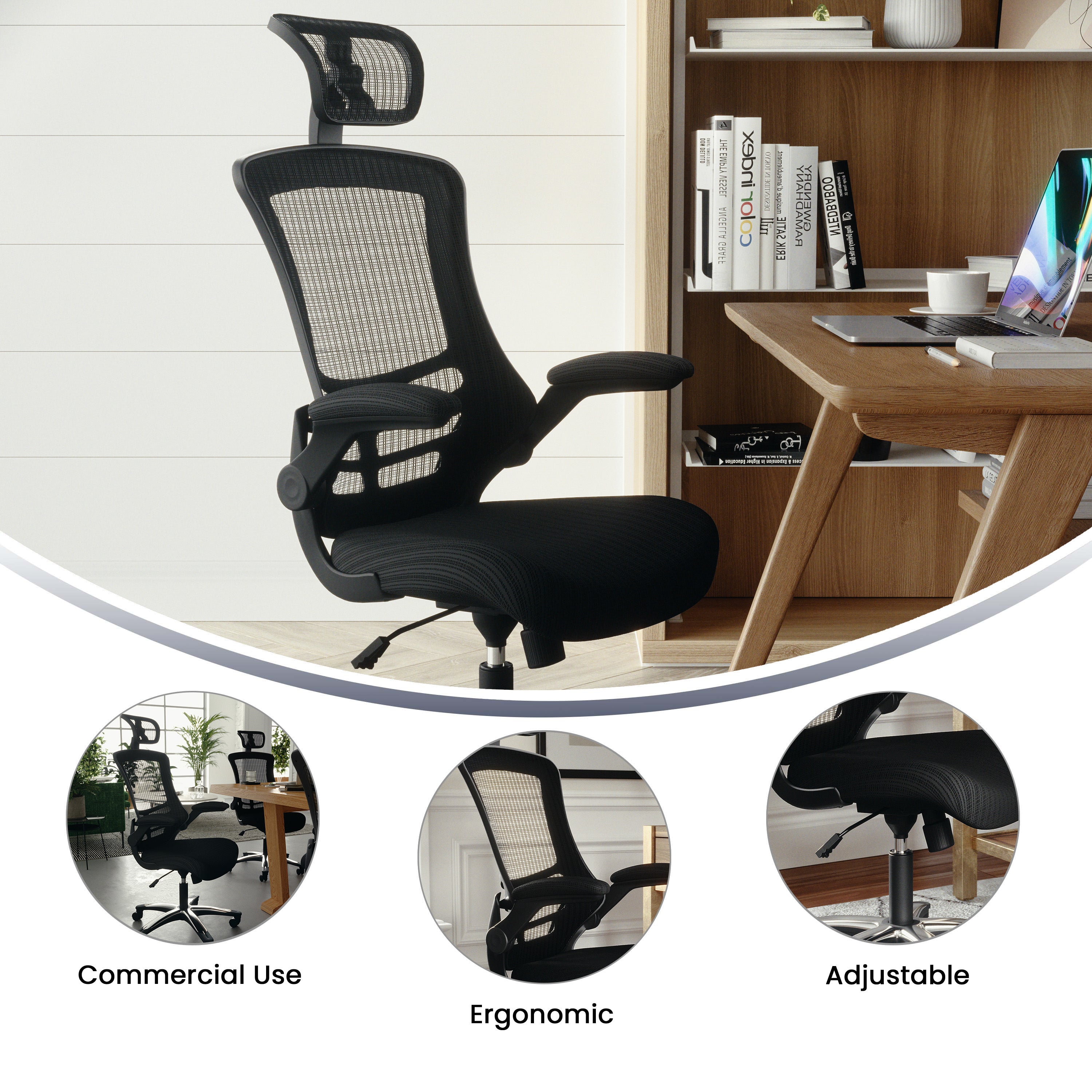 High-Back Black Mesh Swivel Ergonomic Executive Office Chair with Flip-Up Arms and Adjustable Headrest