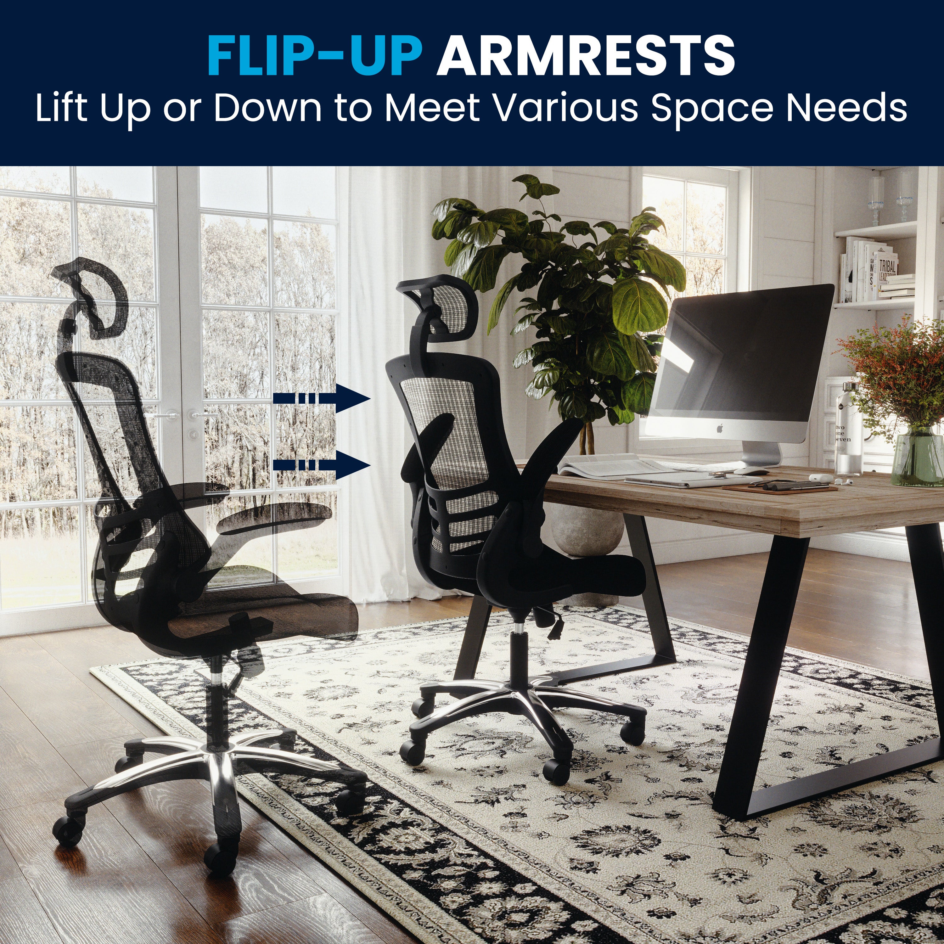 High-Back Black Mesh Swivel Ergonomic Executive Office Chair with Flip-Up Arms and Adjustable Headrest