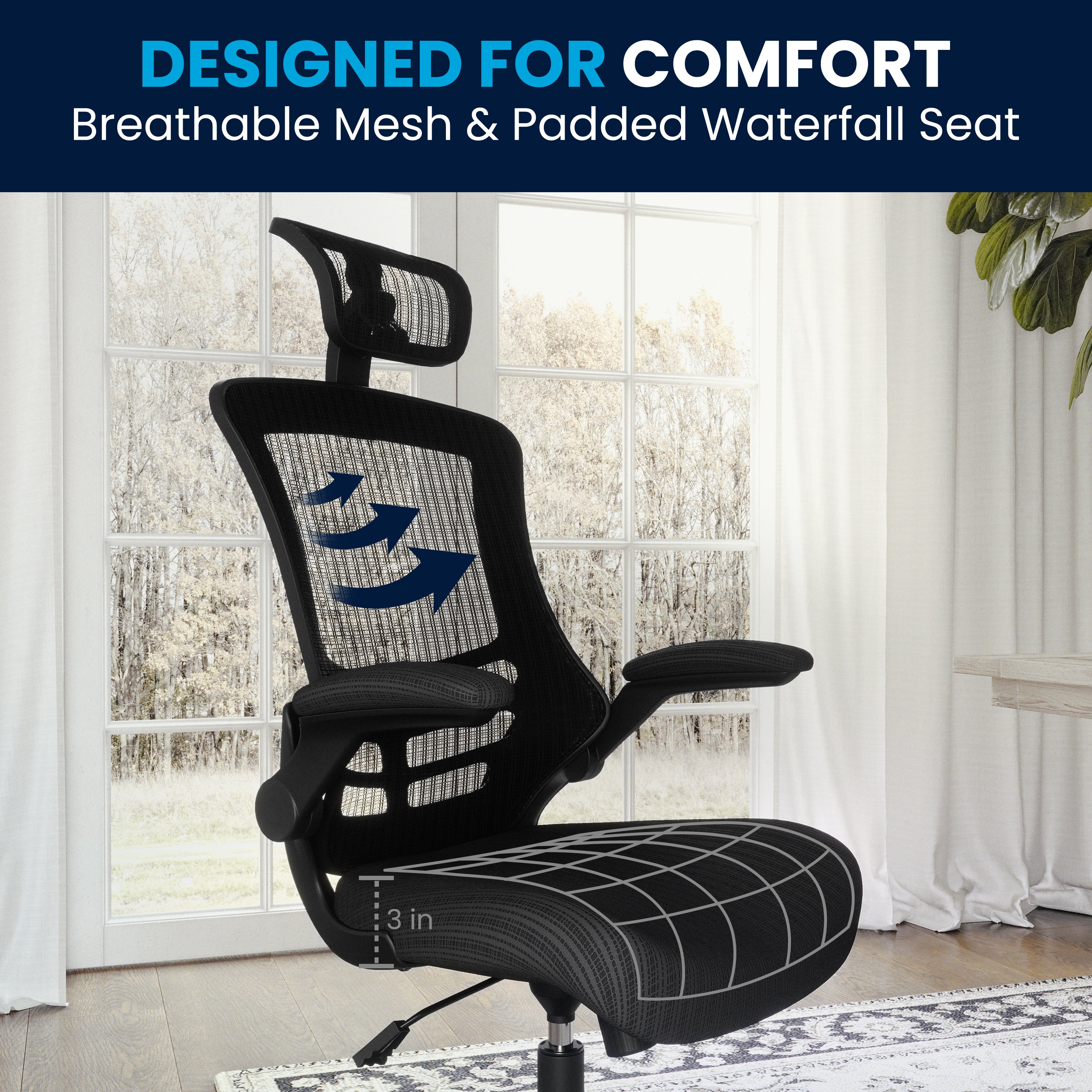 High-Back Black Mesh Swivel Ergonomic Executive Office Chair with Flip-Up Arms and Adjustable Headrest