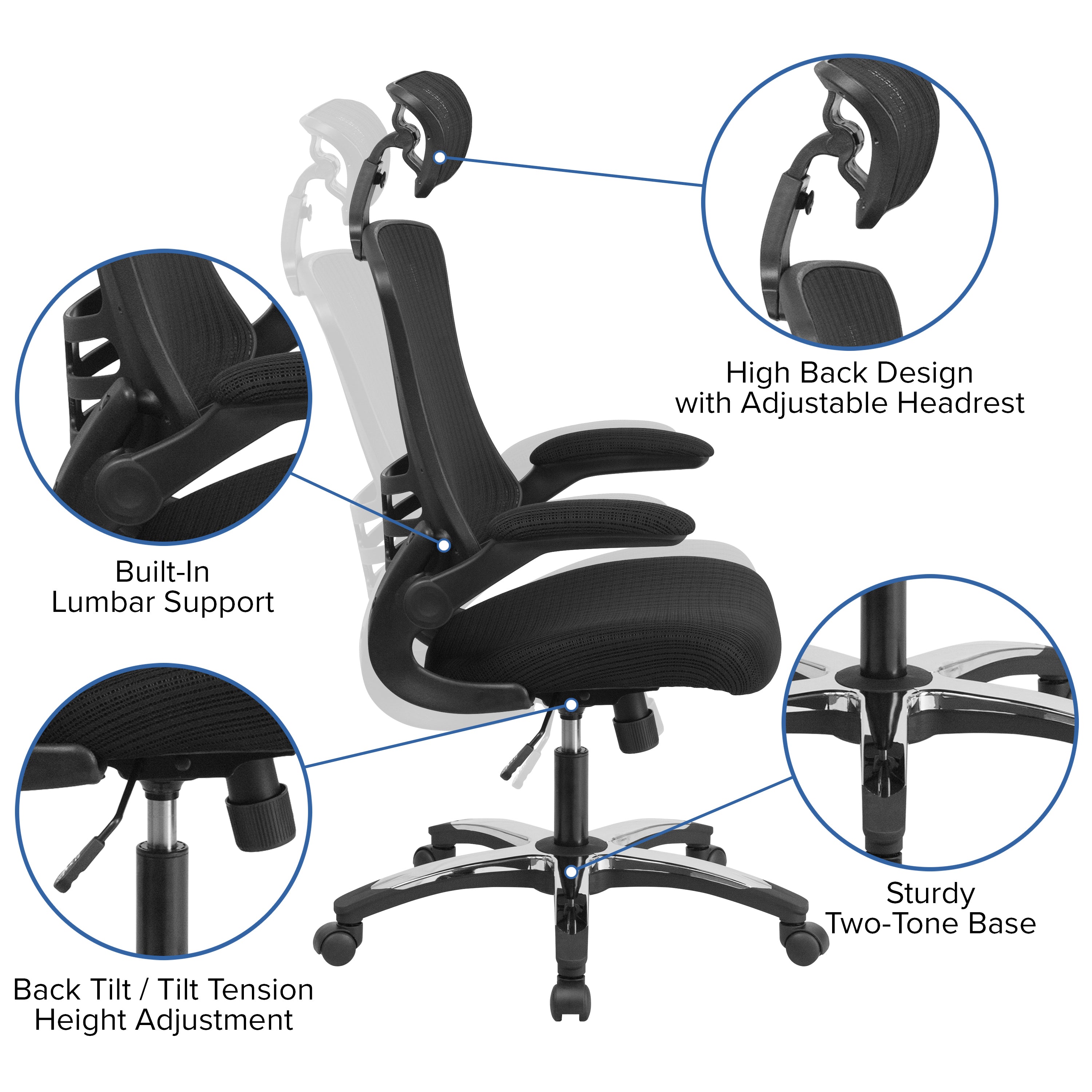 High-Back Black Mesh Swivel Ergonomic Executive Office Chair with Flip-Up Arms and Adjustable Headrest