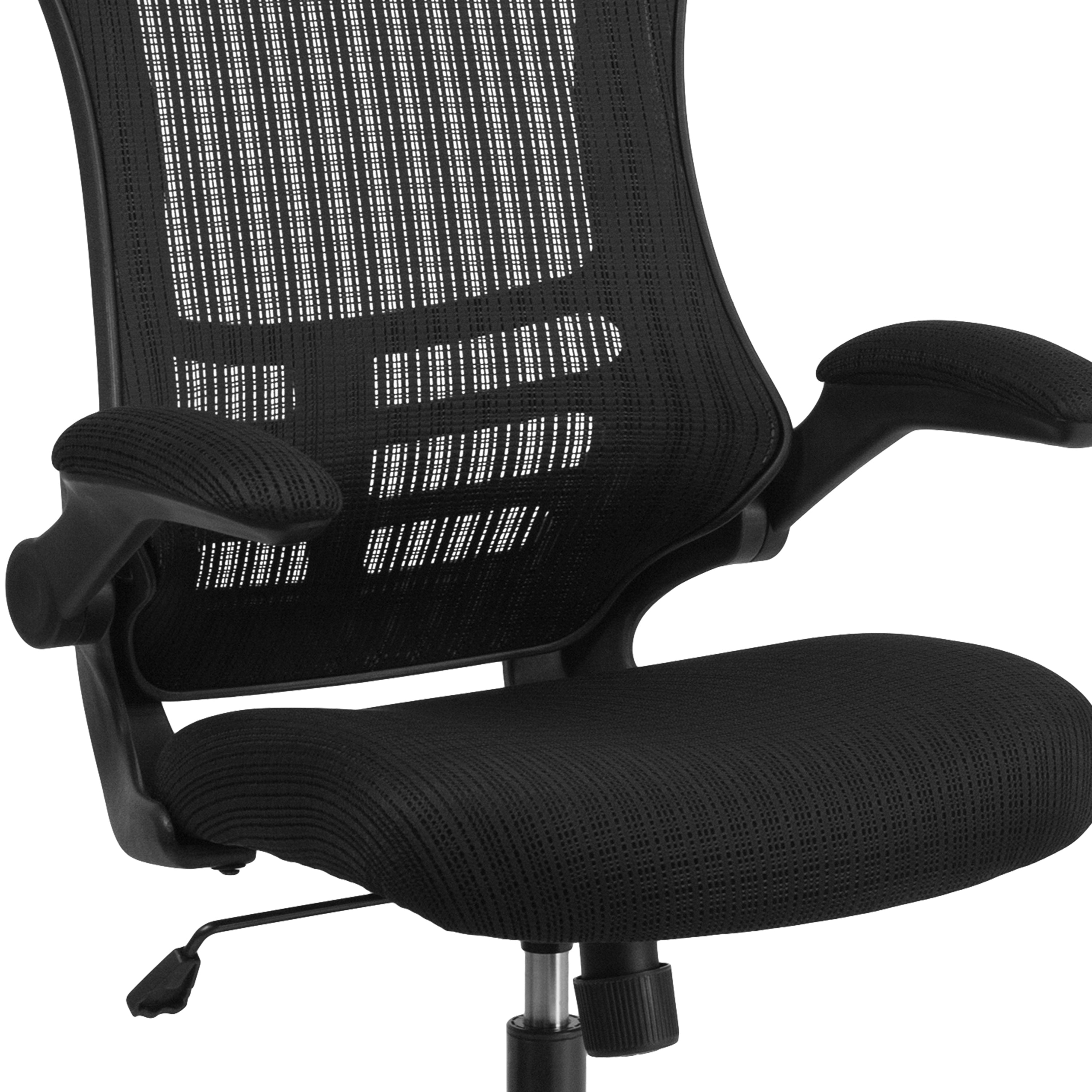 High-Back Black Mesh Swivel Ergonomic Executive Office Chair with Flip-Up Arms and Adjustable Headrest