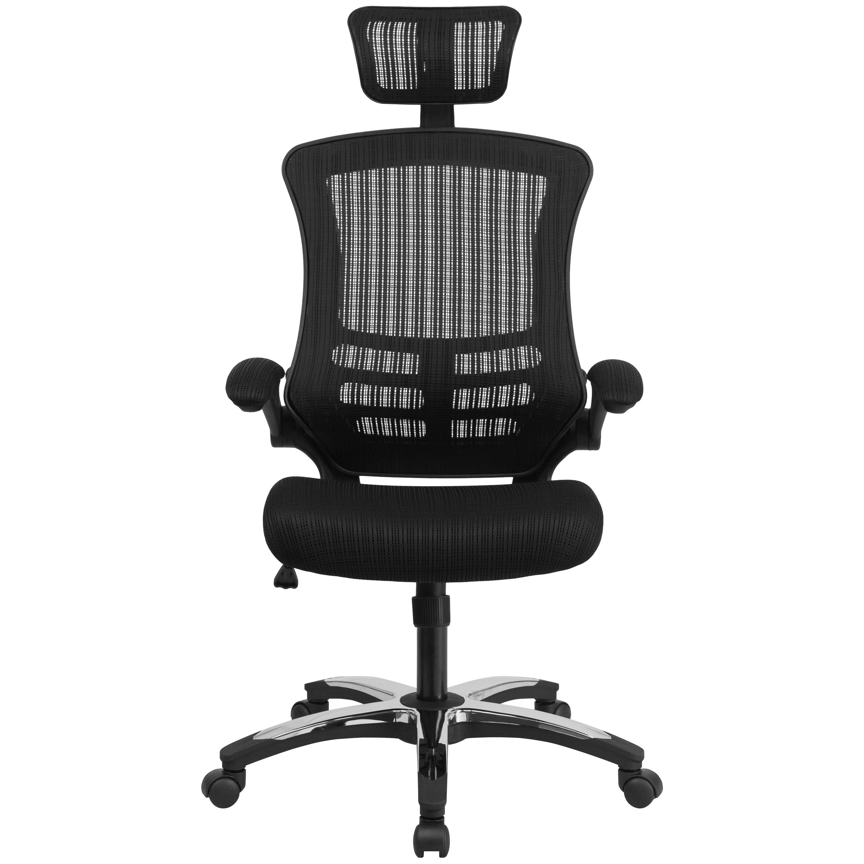 High-Back Black Mesh Swivel Ergonomic Executive Office Chair with Flip-Up Arms and Adjustable Headrest