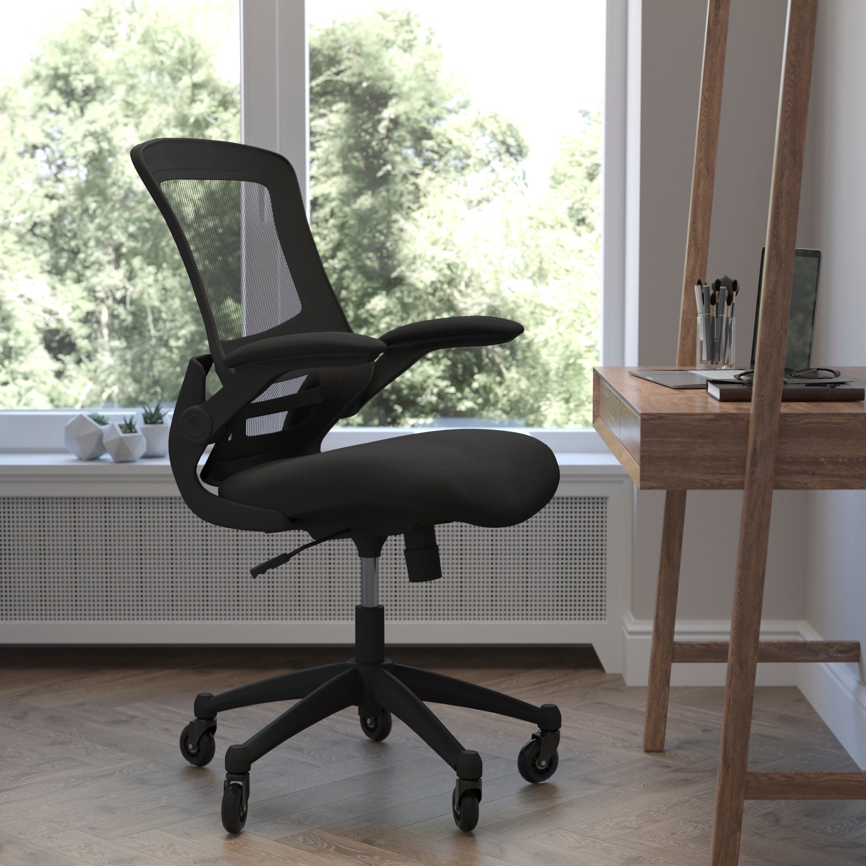 Kelista Mid-Back Swivel Ergonomic Task Office Chair with Flip-Up Arms and Transparent Roller Wheels