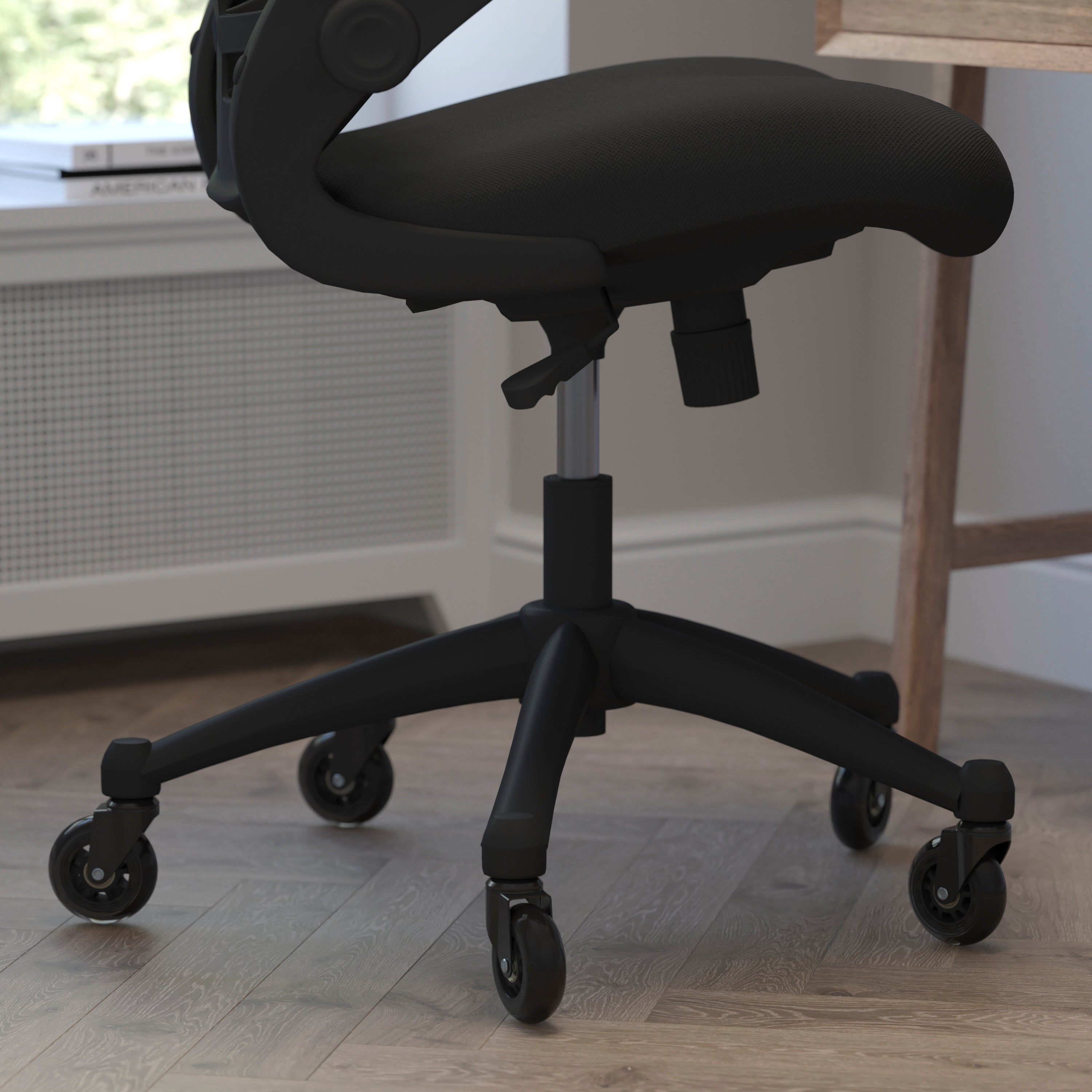 Kelista Mid-Back Swivel Ergonomic Task Office Chair with Flip-Up Arms and Transparent Roller Wheels