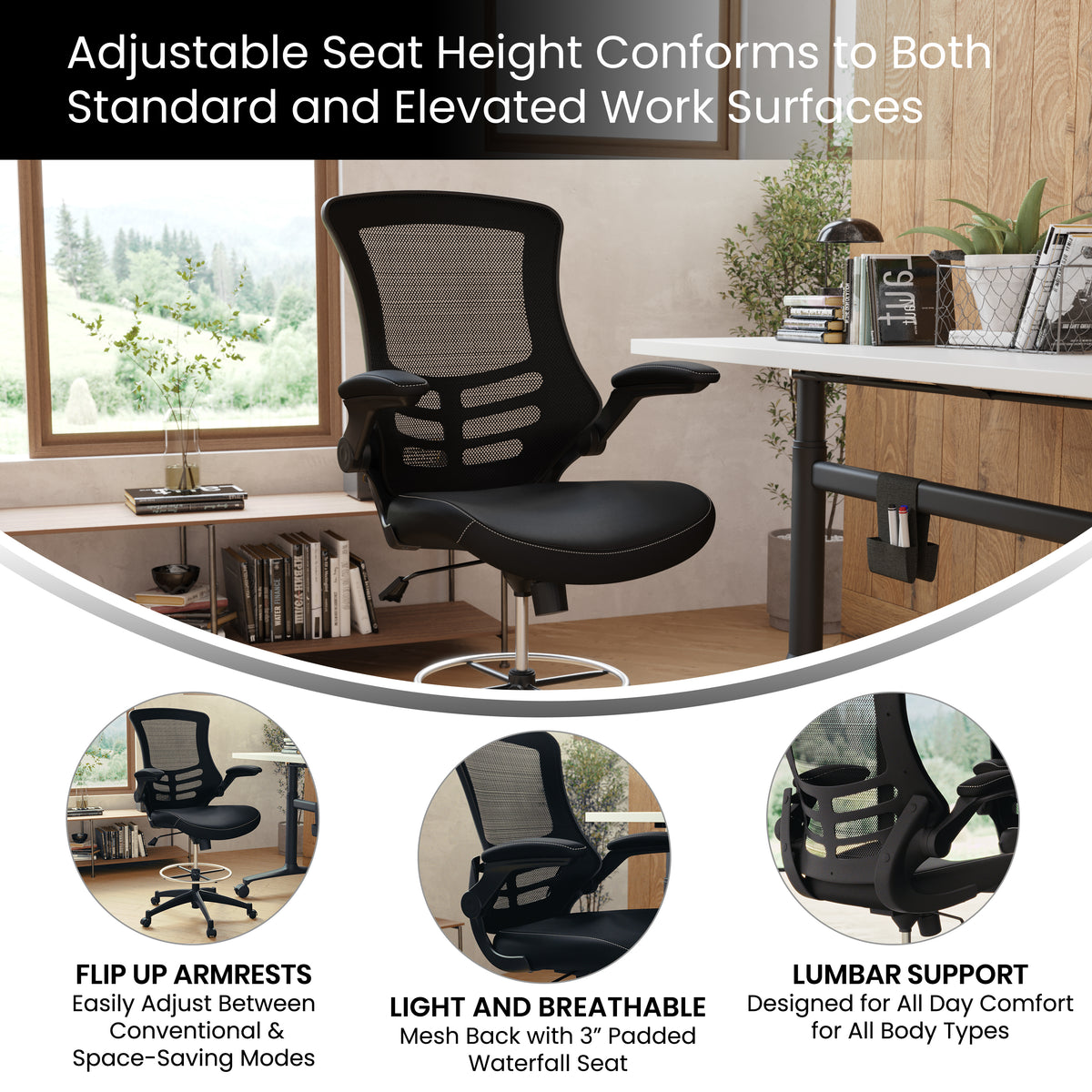 Mid-Back Mesh Ergonomic Drafting Chair with Adjustable Foot Ring and Flip-Up Arms