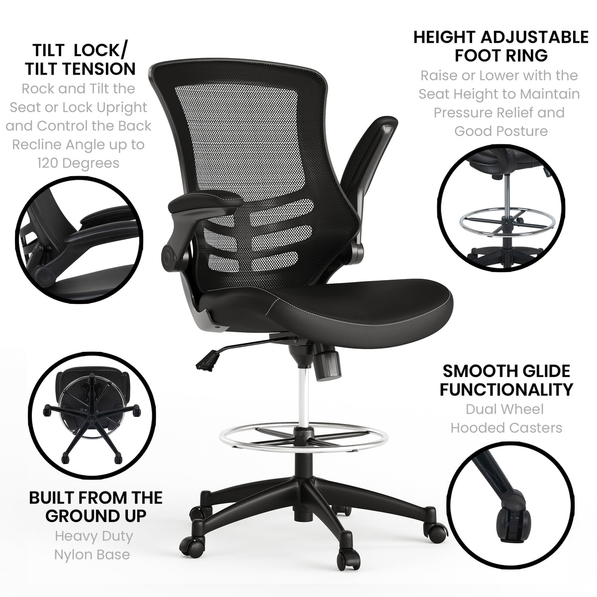 Mid-Back Mesh Ergonomic Drafting Chair with Adjustable Foot Ring and Flip-Up Arms