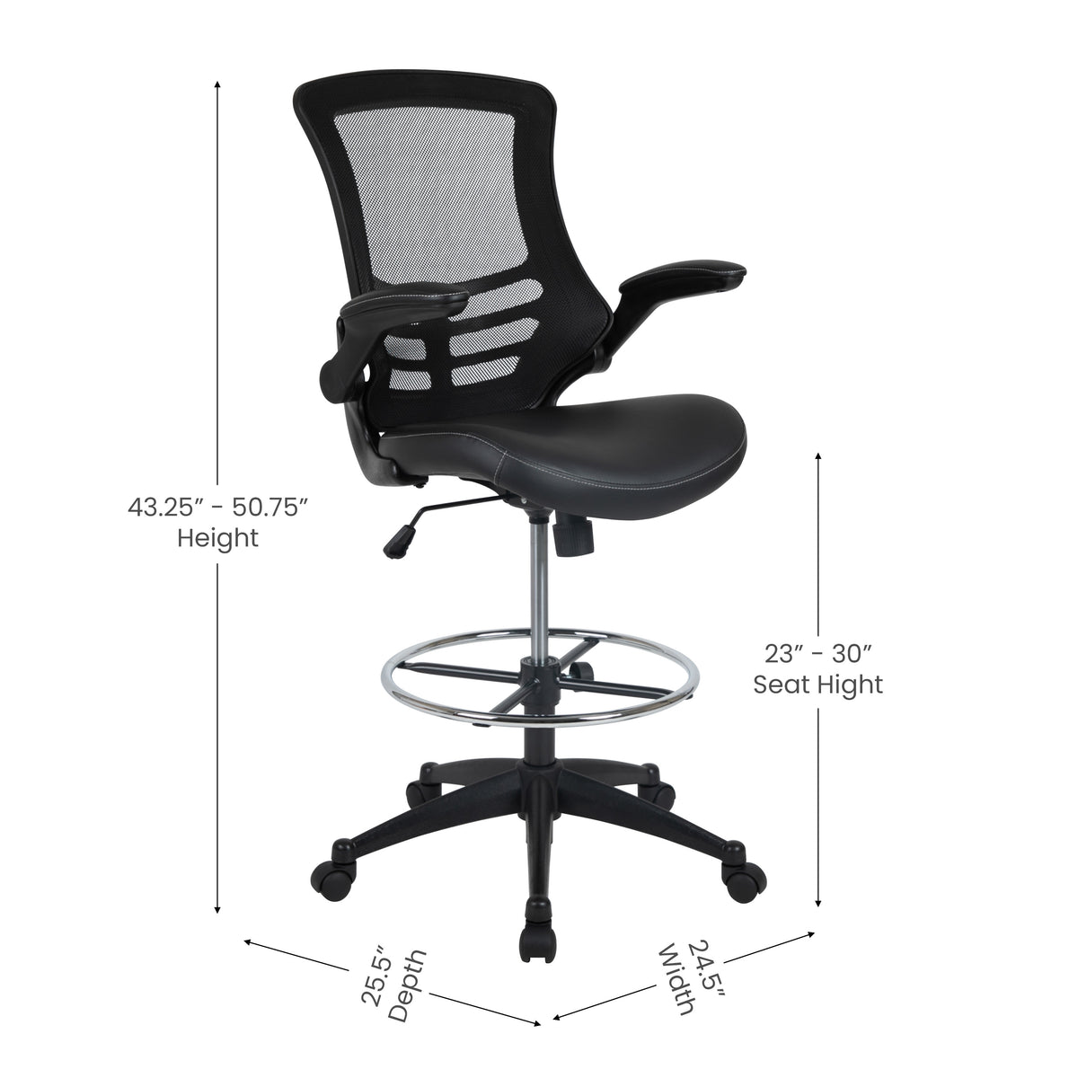 Mid-Back Mesh Ergonomic Drafting Chair with Adjustable Foot Ring and Flip-Up Arms