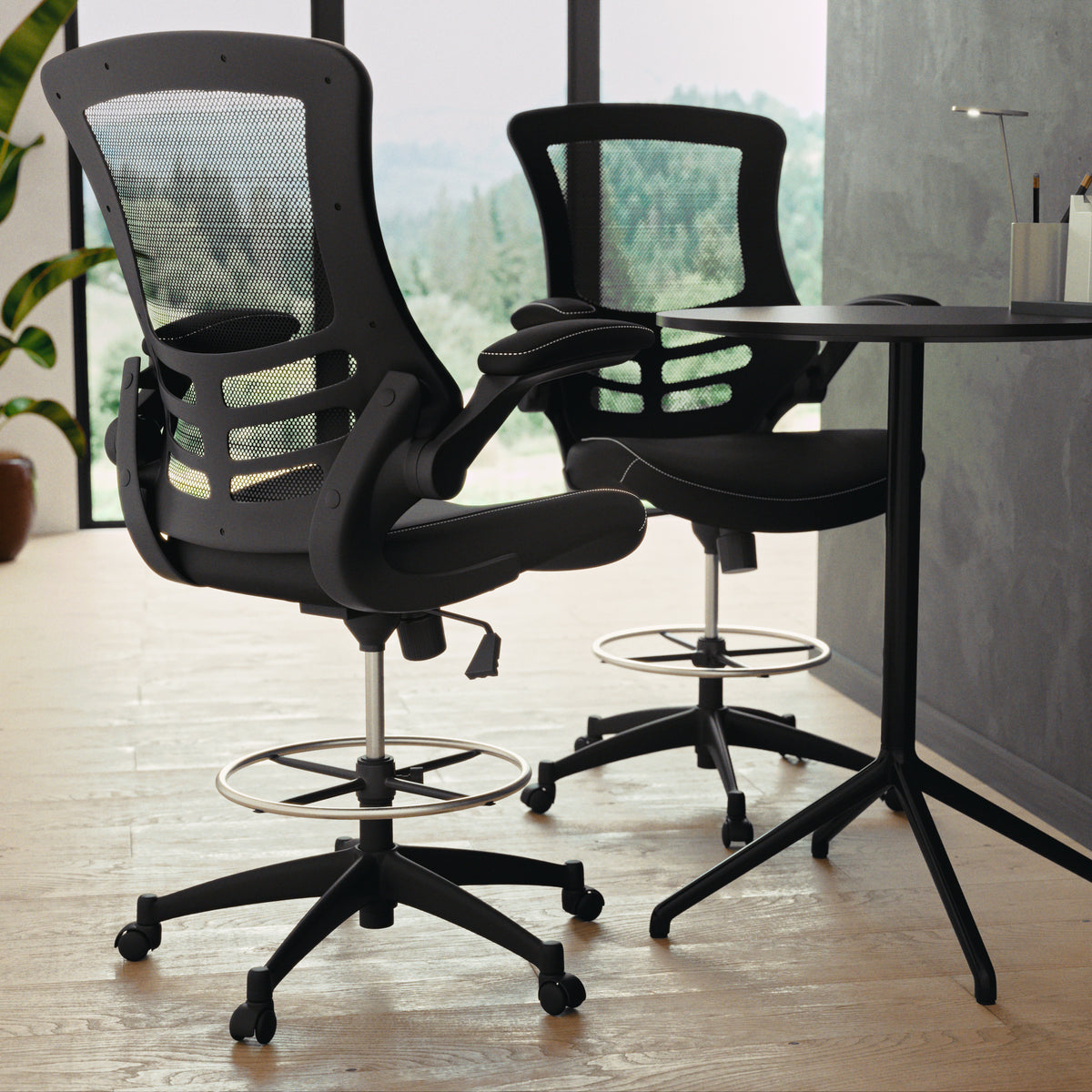 Mid-Back Mesh Ergonomic Drafting Chair with Adjustable Foot Ring and Flip-Up Arms