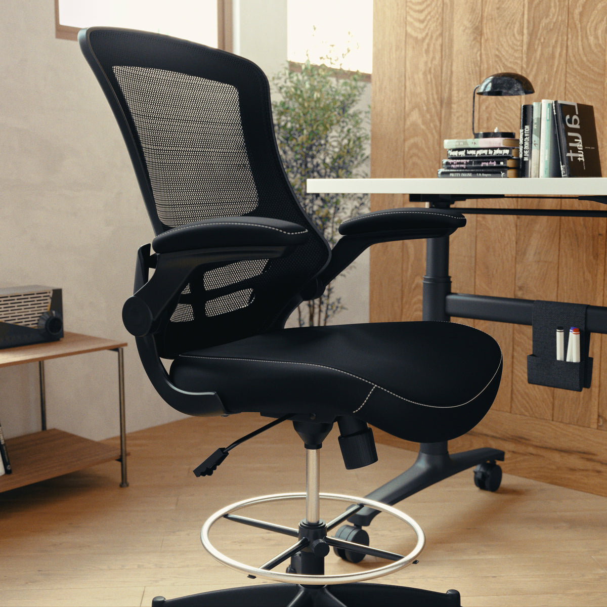 Mid-Back Mesh Ergonomic Drafting Chair with Adjustable Foot Ring and Flip-Up Arms
