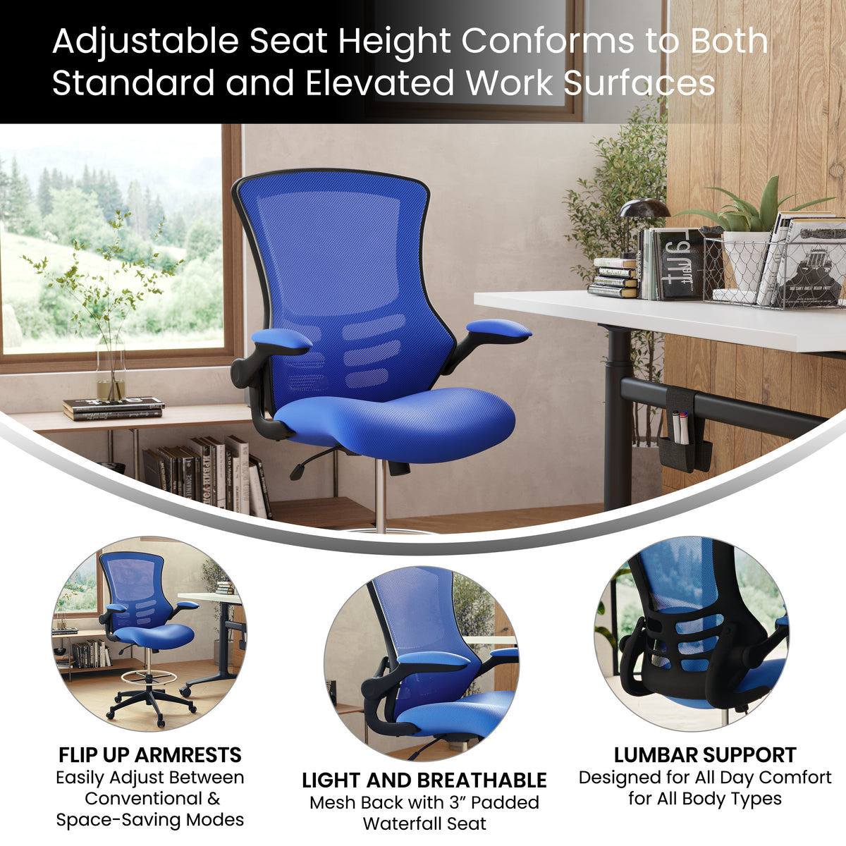 Mid-Back Mesh Ergonomic Drafting Chair with Adjustable Foot Ring and Flip-Up Arms