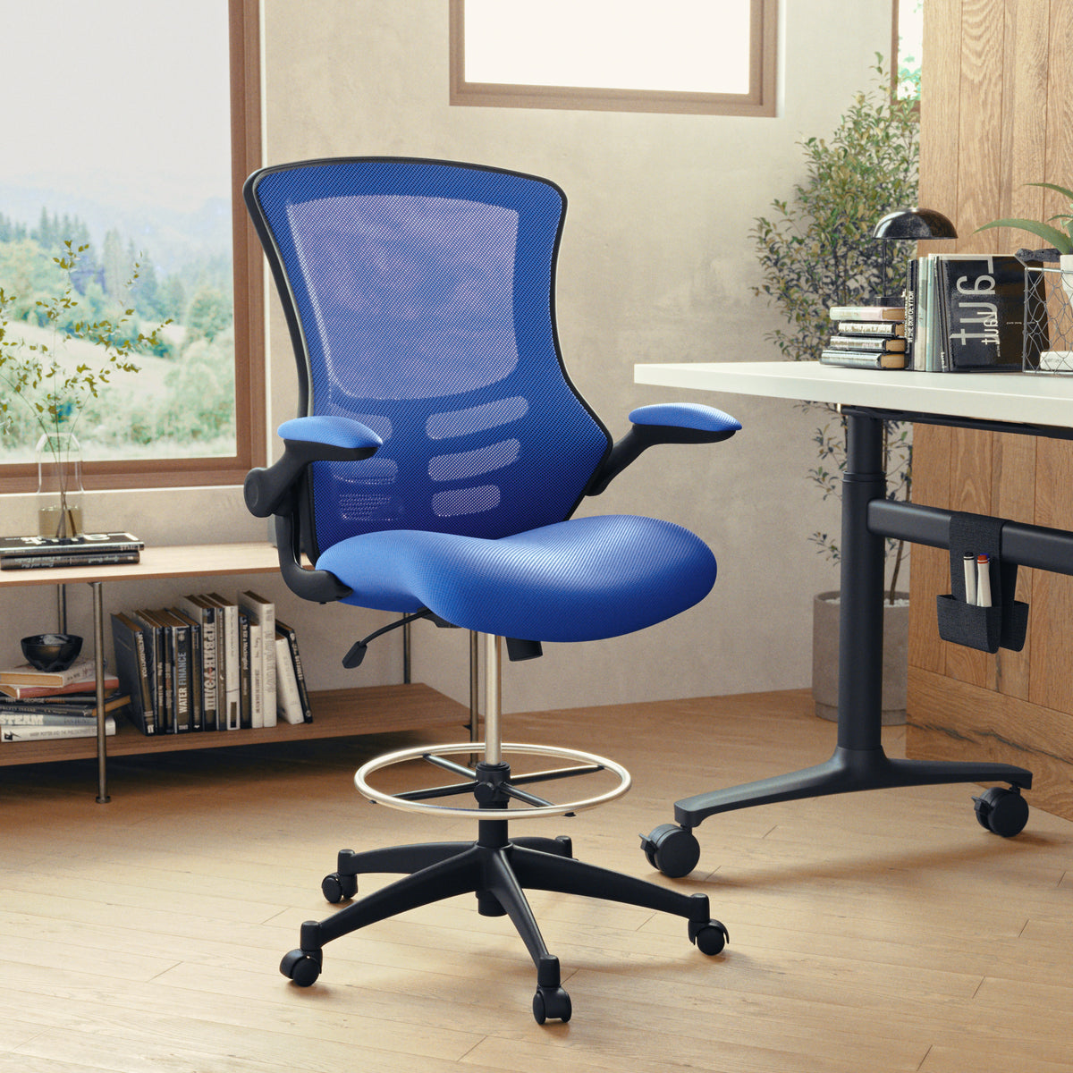 Mid-Back Mesh Ergonomic Drafting Chair with Adjustable Foot Ring and Flip-Up Arms