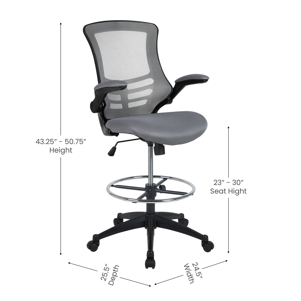 Mid-Back Mesh Ergonomic Drafting Chair with Adjustable Foot Ring and Flip-Up Arms