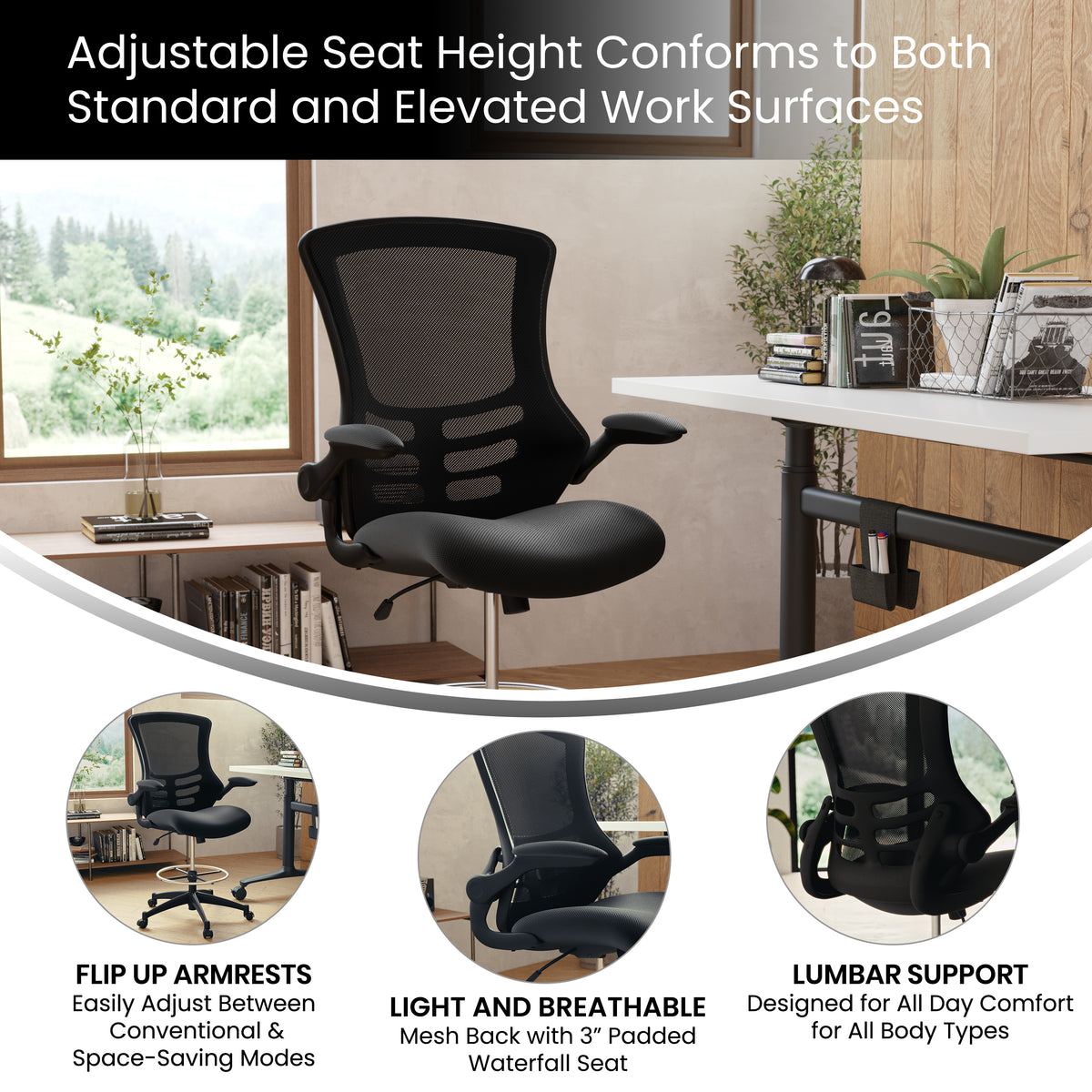 Mid-Back Mesh Ergonomic Drafting Chair with Adjustable Foot Ring and Flip-Up Arms