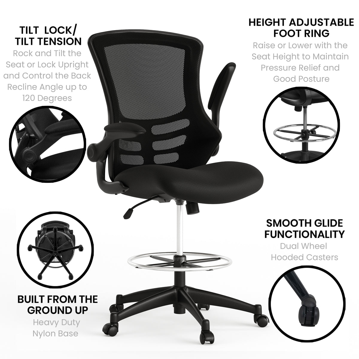 Mid-Back Mesh Ergonomic Drafting Chair with Adjustable Foot Ring and Flip-Up Arms