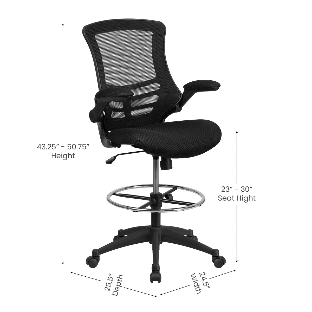 Mid-Back Mesh Ergonomic Drafting Chair with Adjustable Foot Ring and Flip-Up Arms