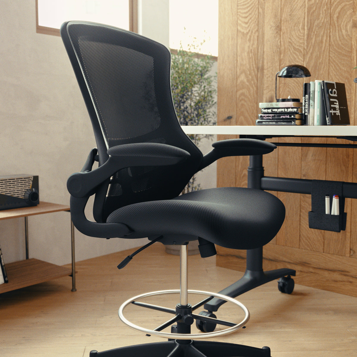 Mid-Back Mesh Ergonomic Drafting Chair with Adjustable Foot Ring and Flip-Up Arms