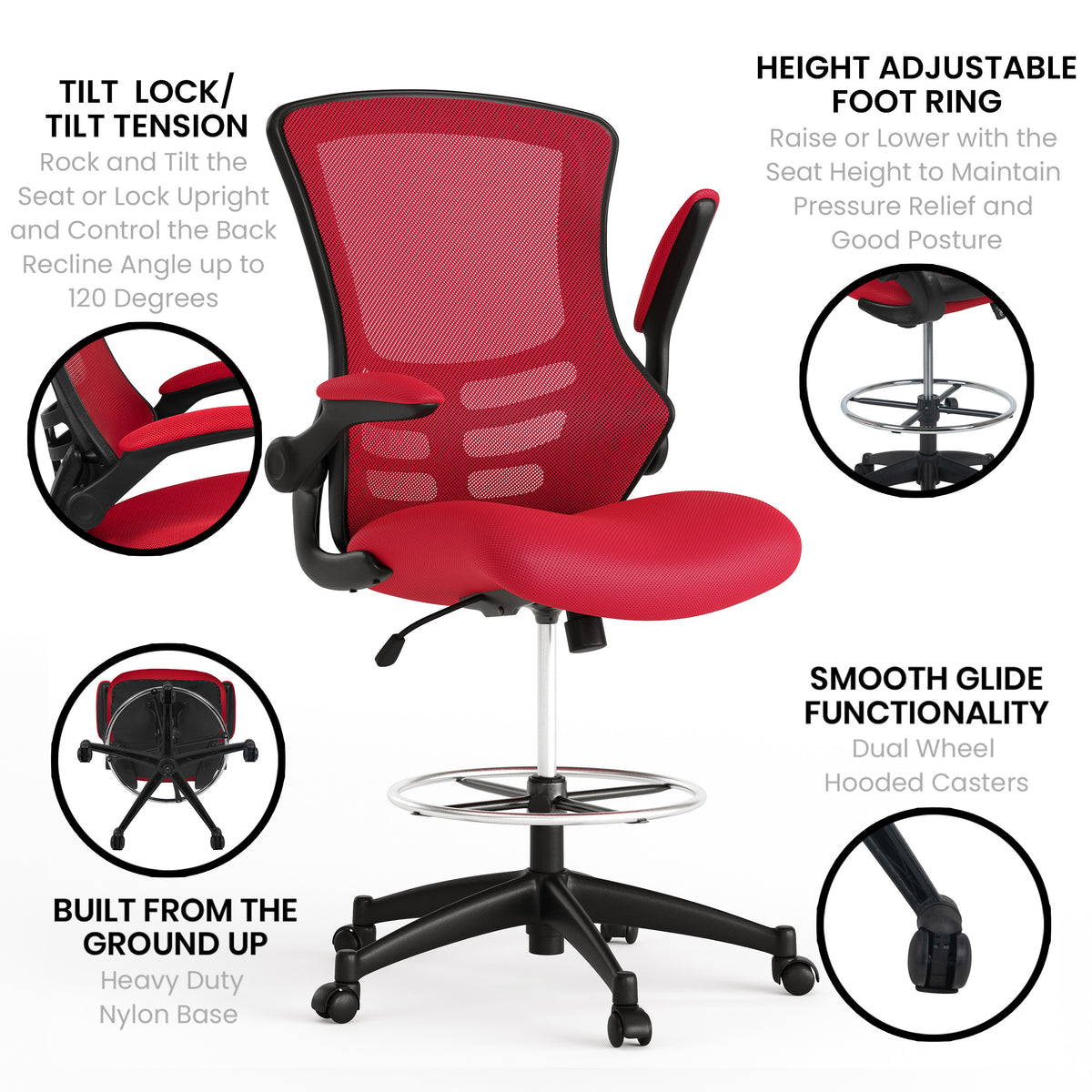 Mid-Back Mesh Ergonomic Drafting Chair with Adjustable Foot Ring and Flip-Up Arms