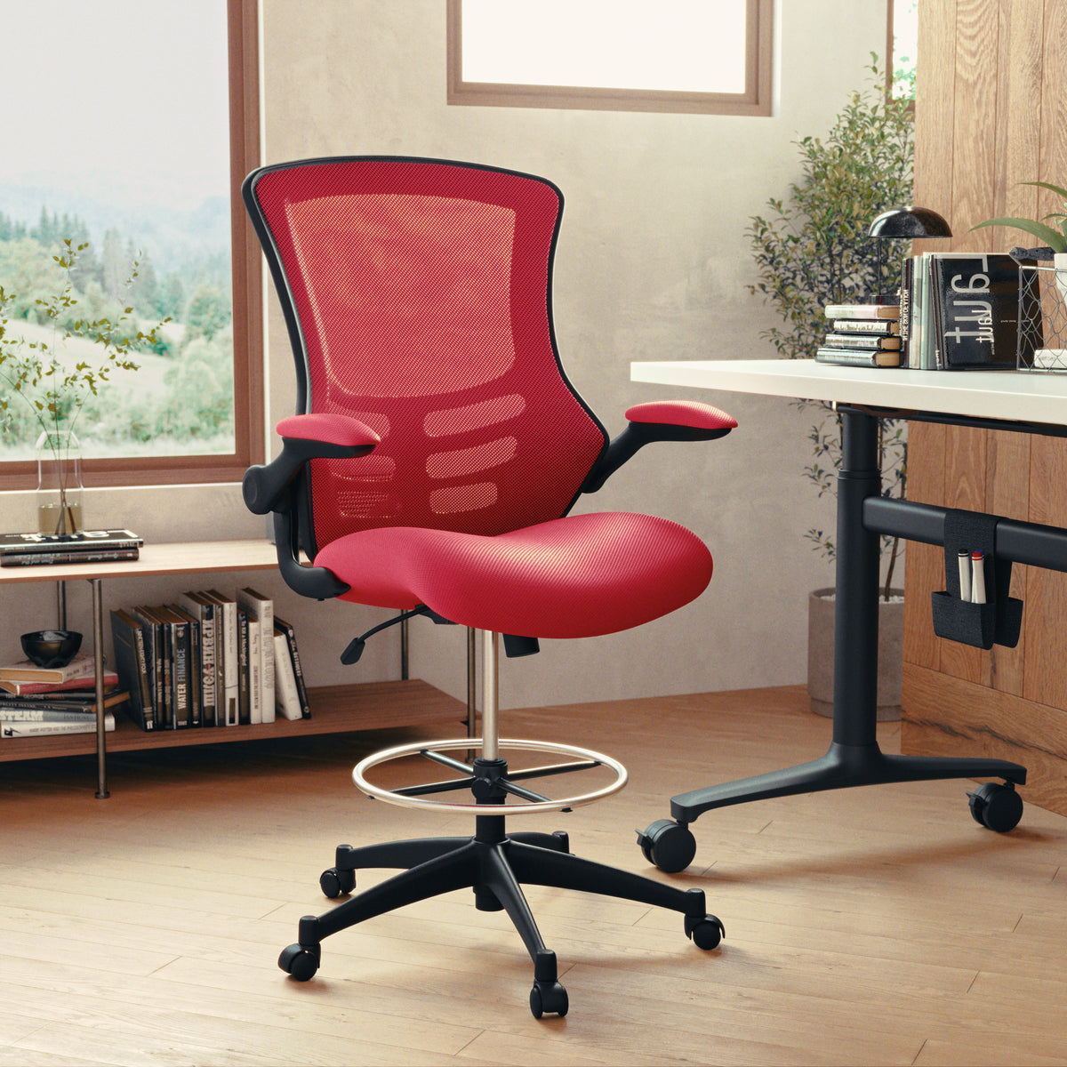 Mid-Back Mesh Ergonomic Drafting Chair with Adjustable Foot Ring and Flip-Up Arms