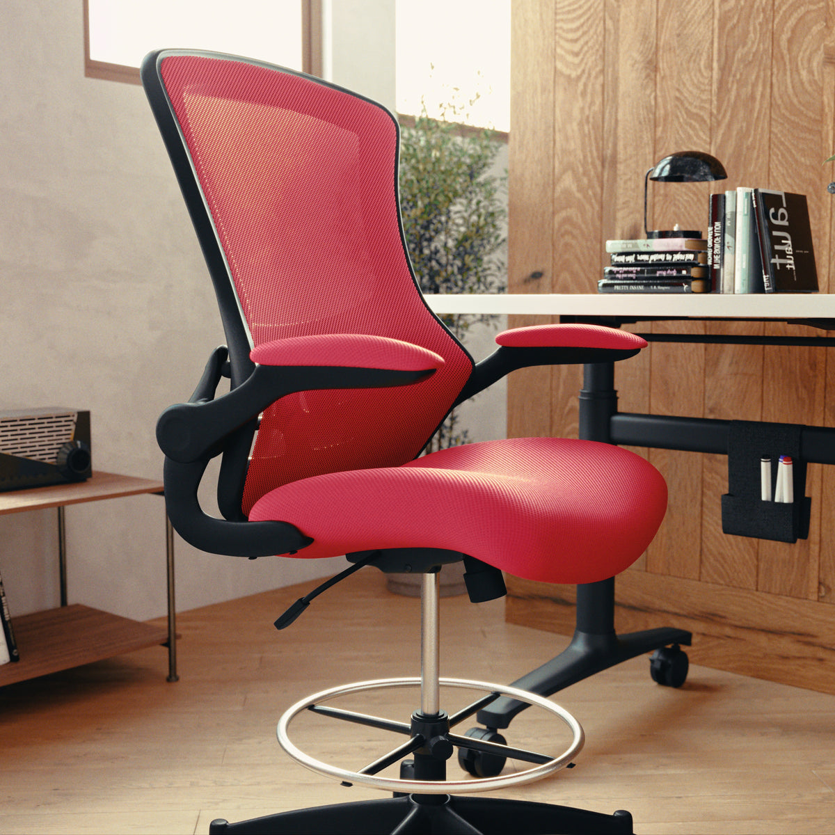 Mid-Back Mesh Ergonomic Drafting Chair with Adjustable Foot Ring and Flip-Up Arms