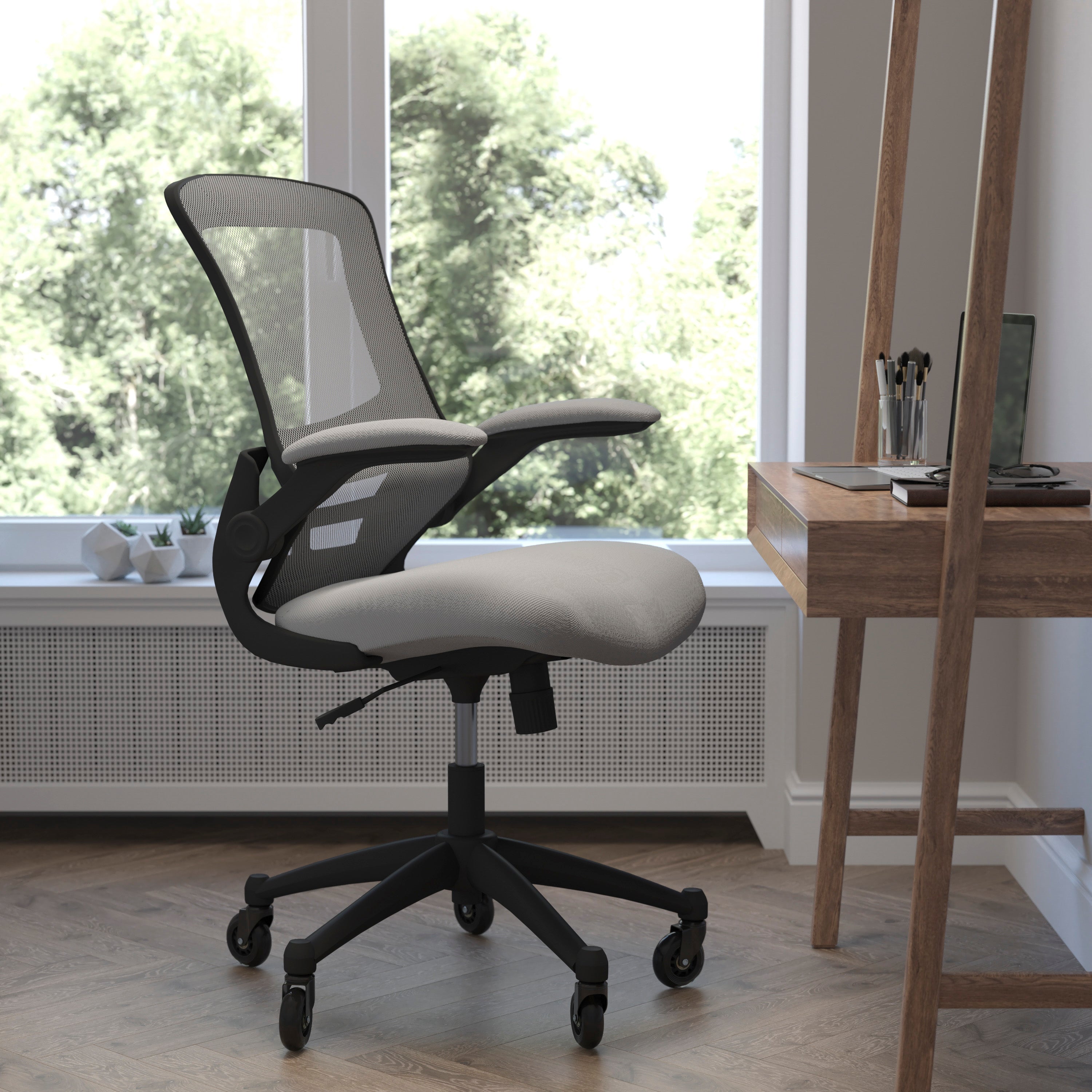 Kelista Mid-Back Swivel Ergonomic Task Office Chair with Flip-Up Arms and Transparent Roller Wheels