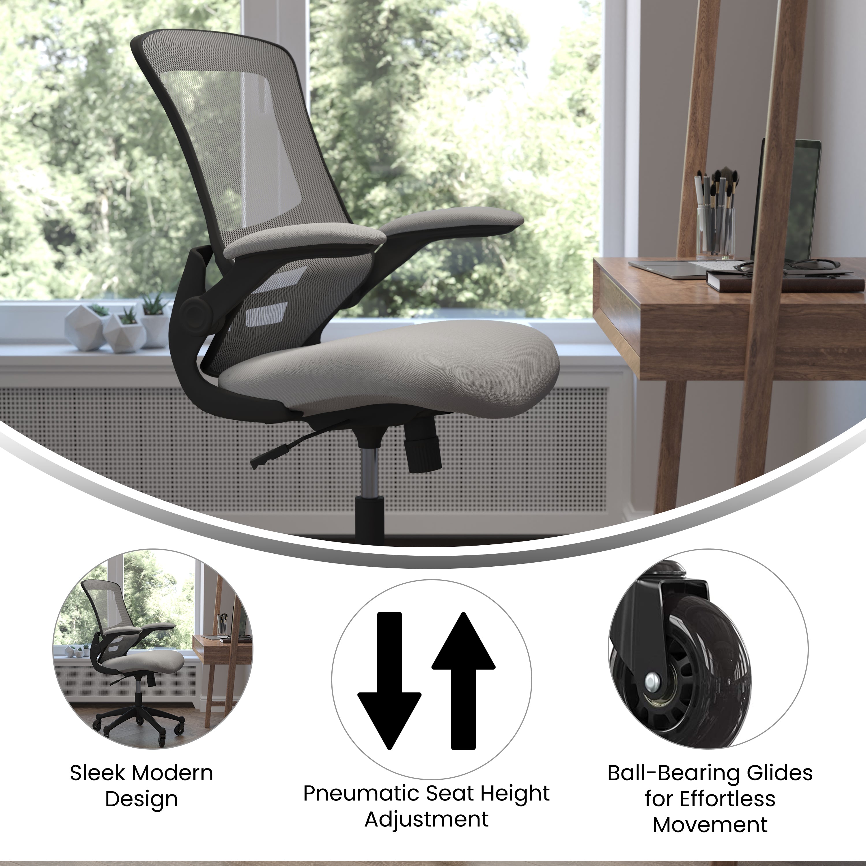Kelista Mid-Back Swivel Ergonomic Task Office Chair with Flip-Up Arms and Transparent Roller Wheels