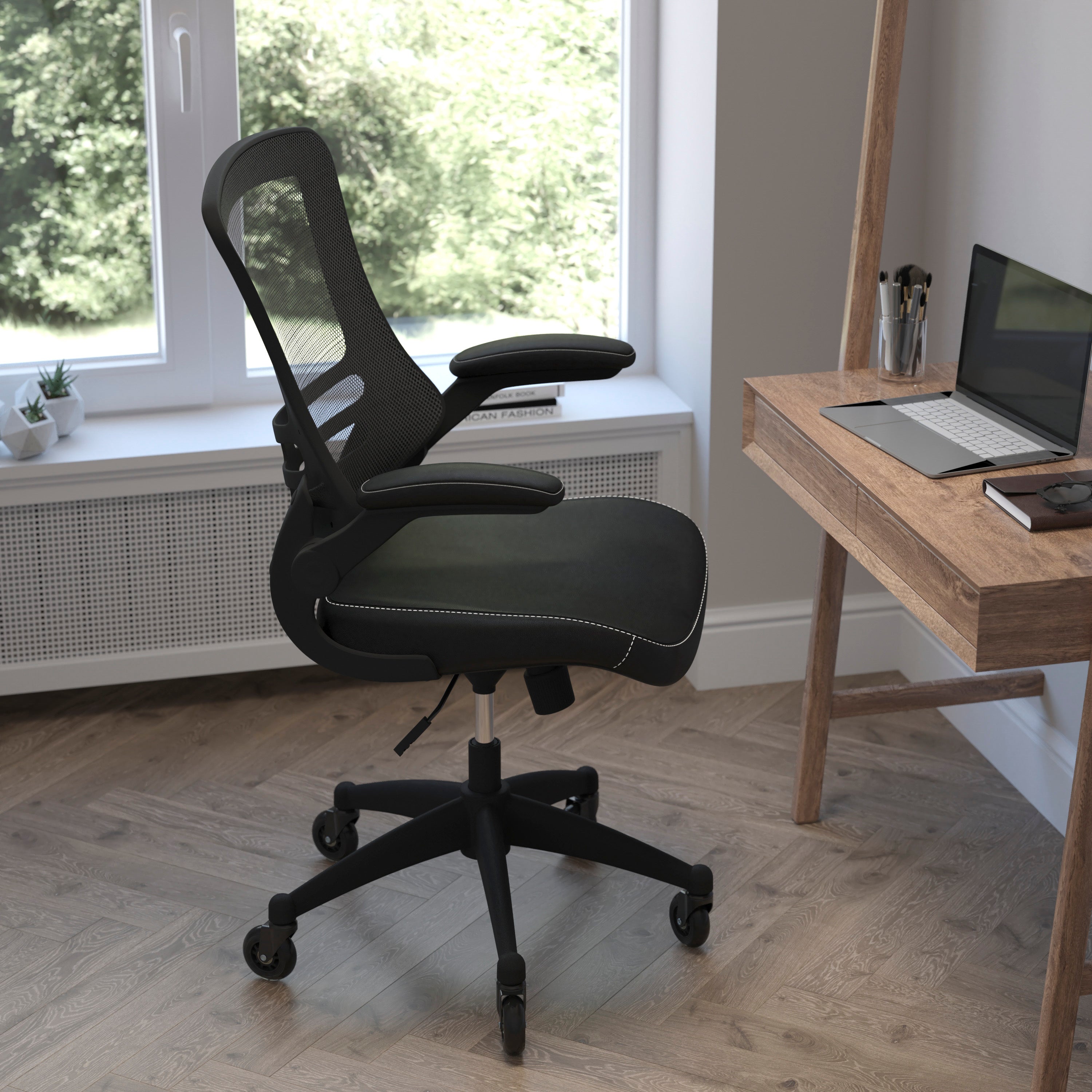 Kelista Mid-Back Swivel Ergonomic Task Office Chair with Flip-Up Arms and Transparent Roller Wheels