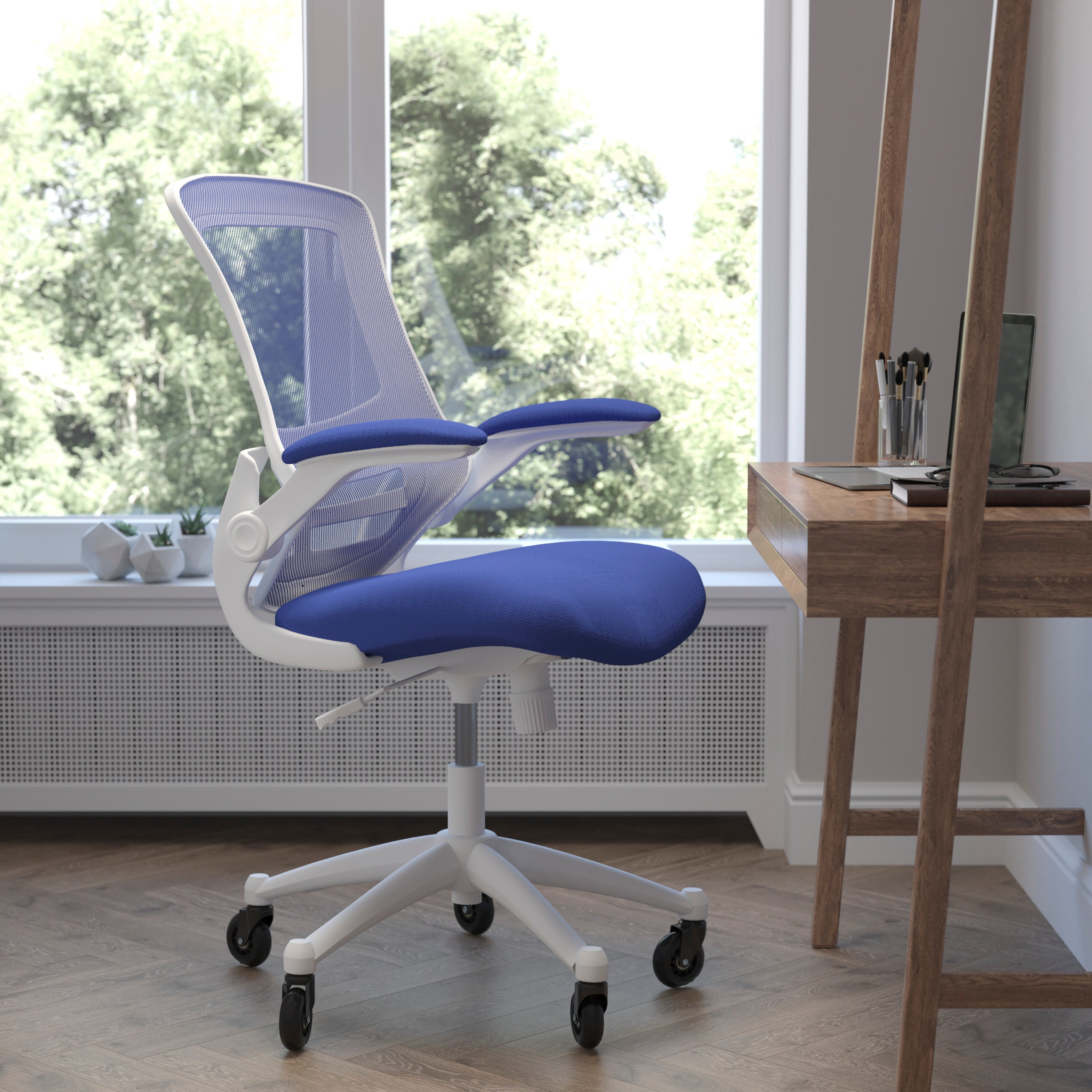 Kelista Mid-Back Swivel Ergonomic Task Office Chair with Flip-Up Arms and Transparent Roller Wheels