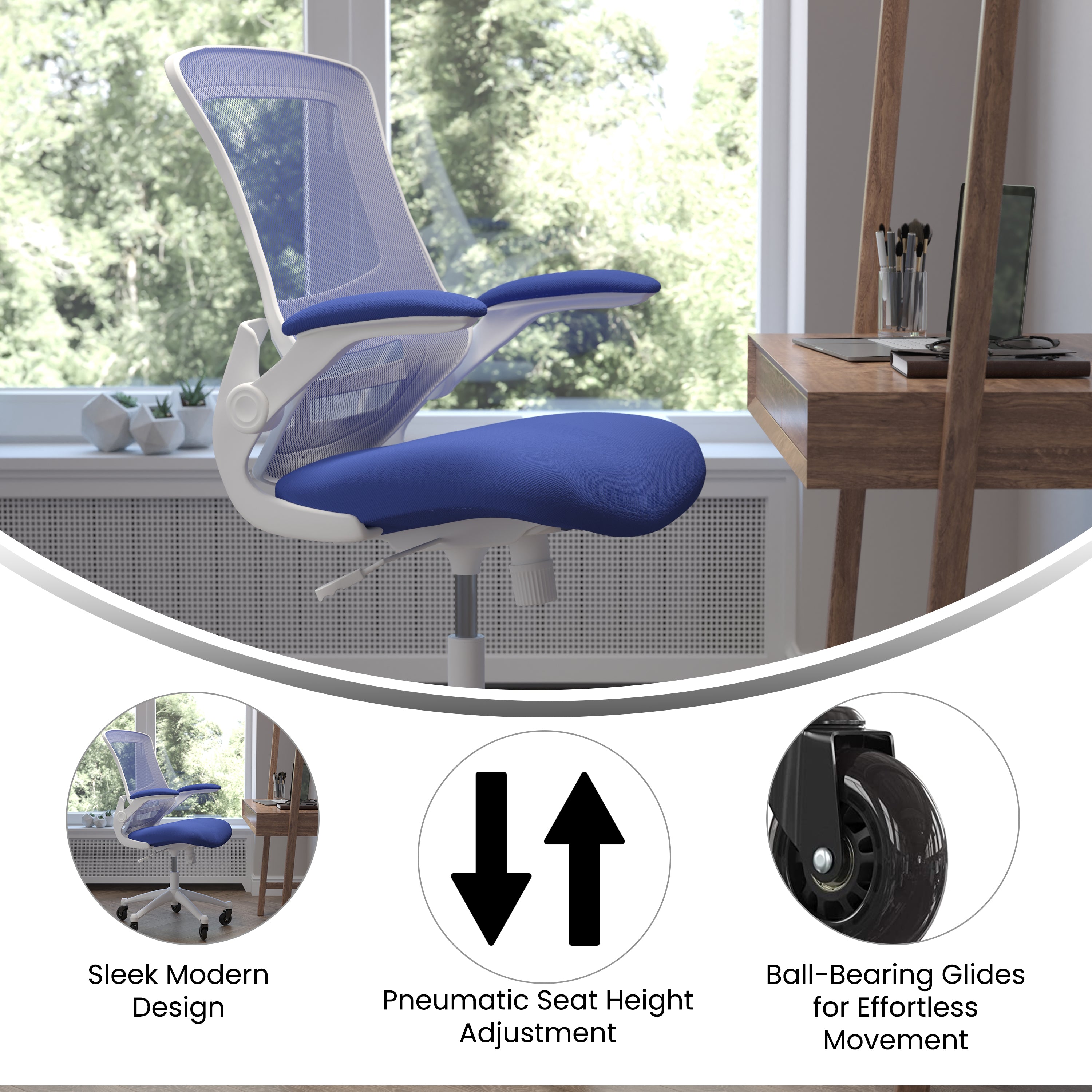 Kelista Mid-Back Swivel Ergonomic Task Office Chair with Flip-Up Arms and Transparent Roller Wheels