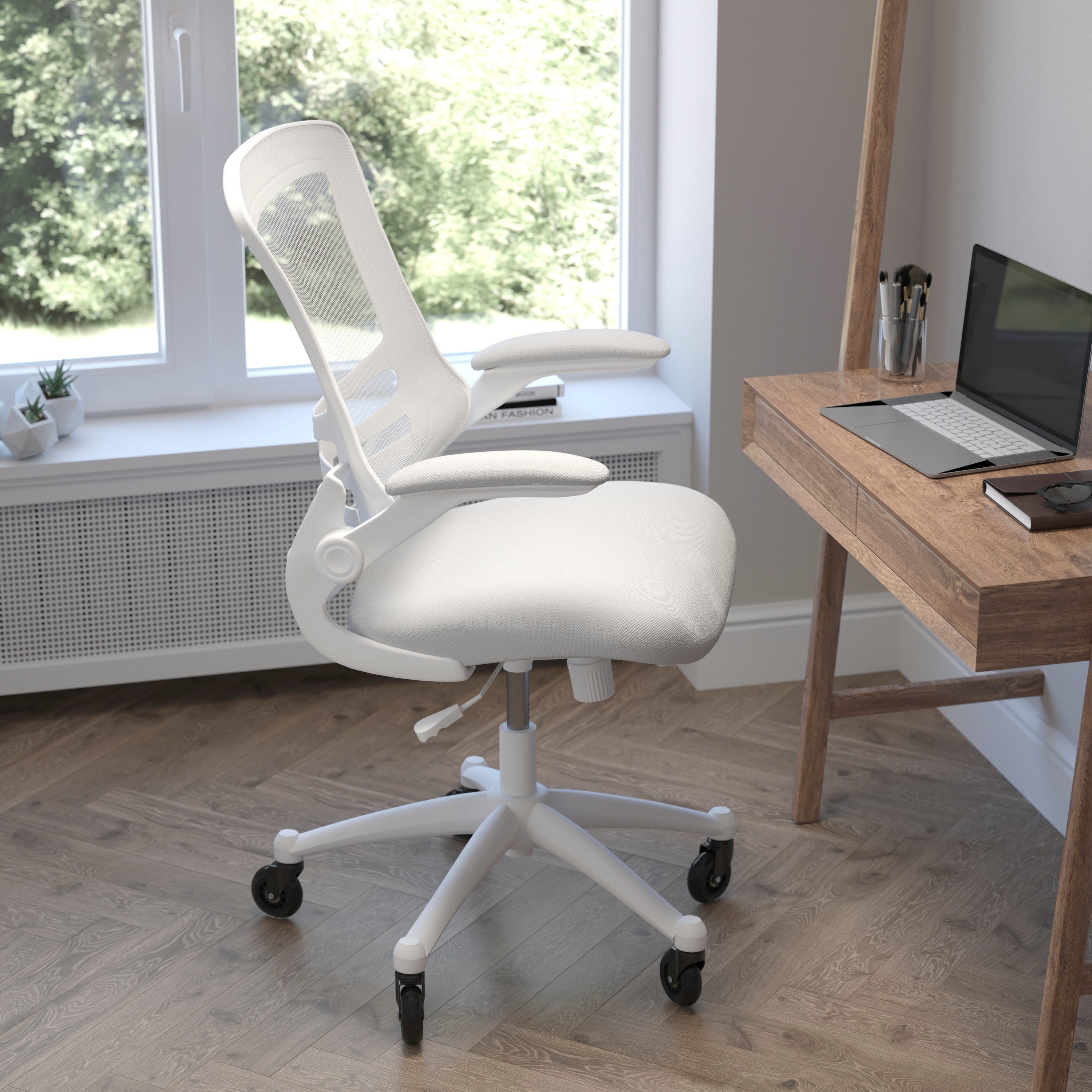 Kelista Mid-Back Swivel Ergonomic Task Office Chair with Flip-Up Arms and Transparent Roller Wheels