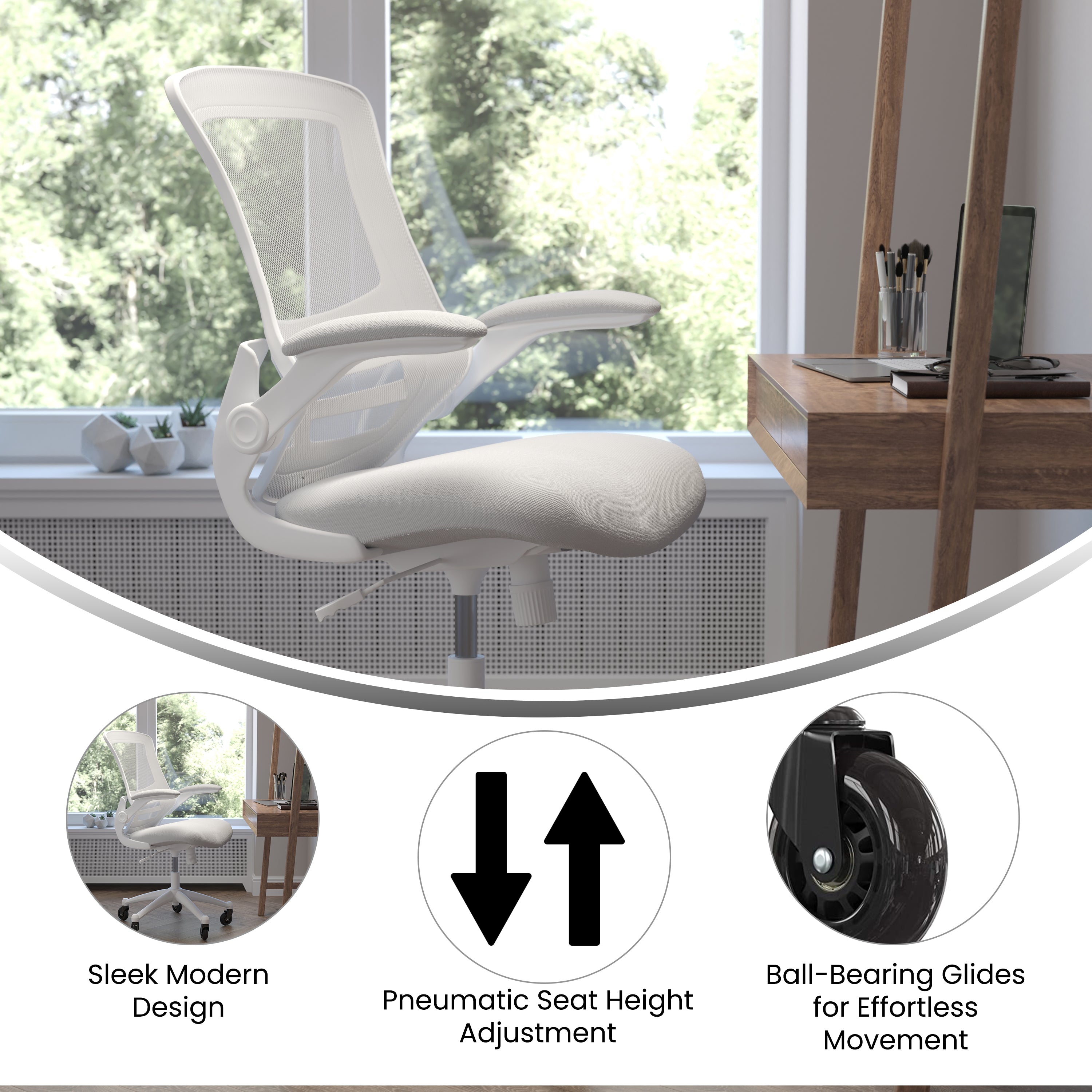 Kelista Mid-Back Swivel Ergonomic Task Office Chair with Flip-Up Arms and Transparent Roller Wheels