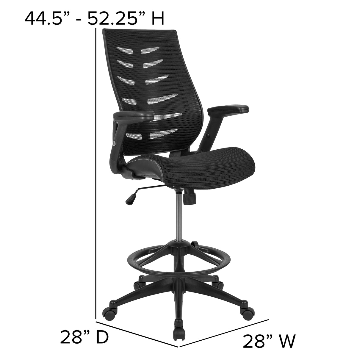 High Back Mesh Spine-Back Ergonomic Drafting Chair with Adjustable Foot Ring and Adjustable Flip-Up Arms