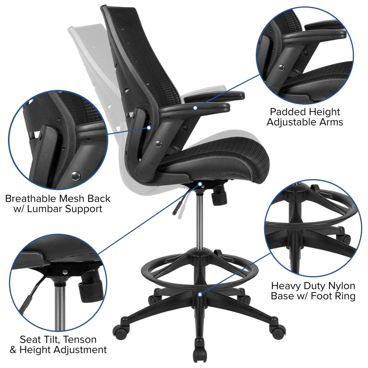 High Back Mesh Spine-Back Ergonomic Drafting Chair with Adjustable Foot Ring and Adjustable Flip-Up Arms