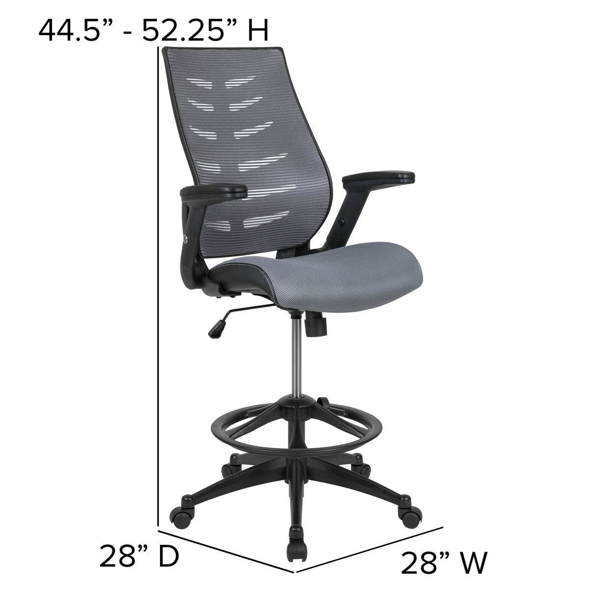 High Back Mesh Spine-Back Ergonomic Drafting Chair with Adjustable Foot Ring and Adjustable Flip-Up Arms