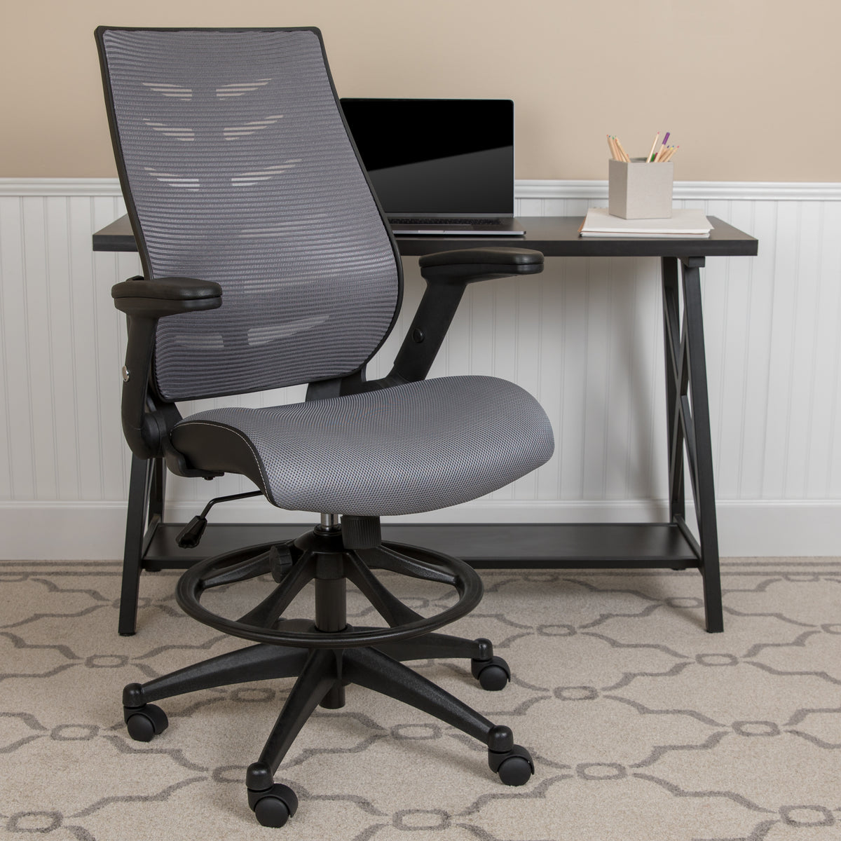 High Back Mesh Spine-Back Ergonomic Drafting Chair with Adjustable Foot Ring and Adjustable Flip-Up Arms