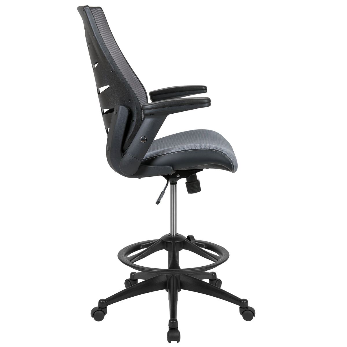 High Back Mesh Spine-Back Ergonomic Drafting Chair with Adjustable Foot Ring and Adjustable Flip-Up Arms