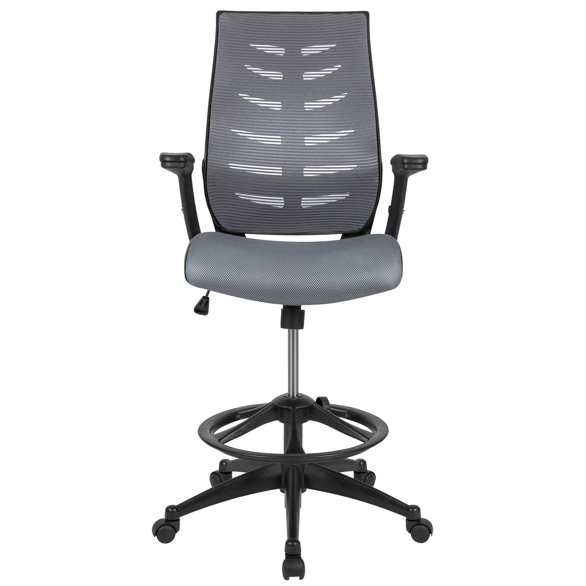 High Back Mesh Spine-Back Ergonomic Drafting Chair with Adjustable Foot Ring and Adjustable Flip-Up Arms