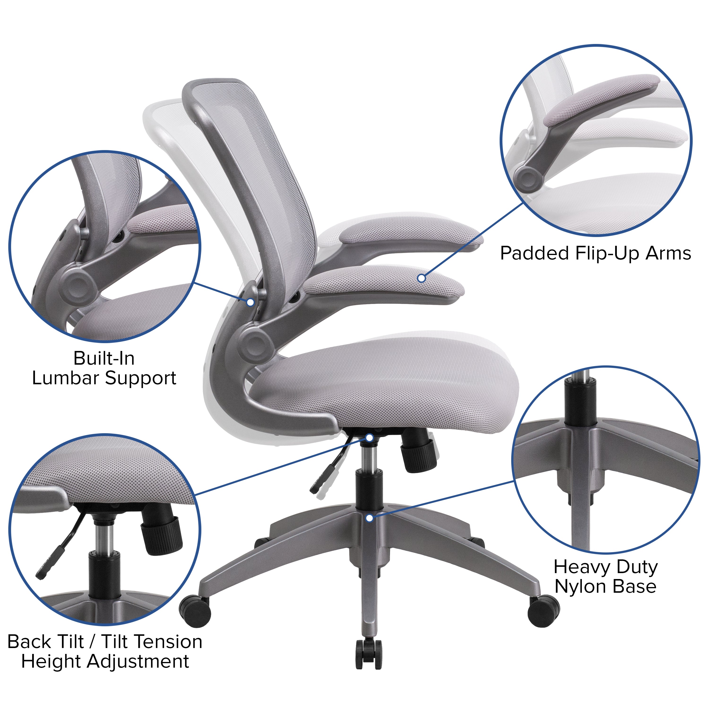 Mid-Back Mesh Swivel Ergonomic Task Office Chair with Gray Frame and Flip-Up Arms