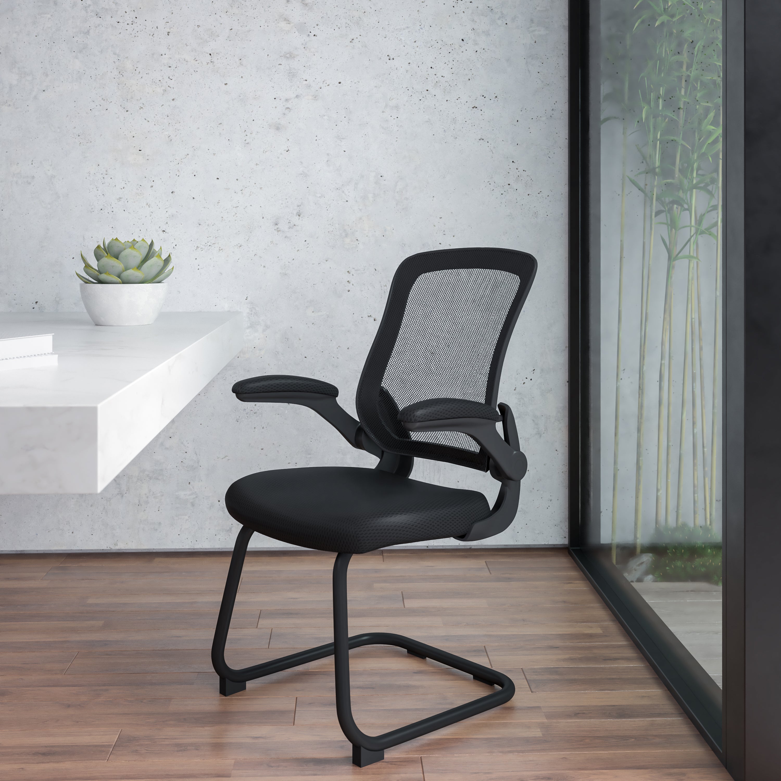 Mesh Sled Base Side Reception Chair with Flip-Up Arms