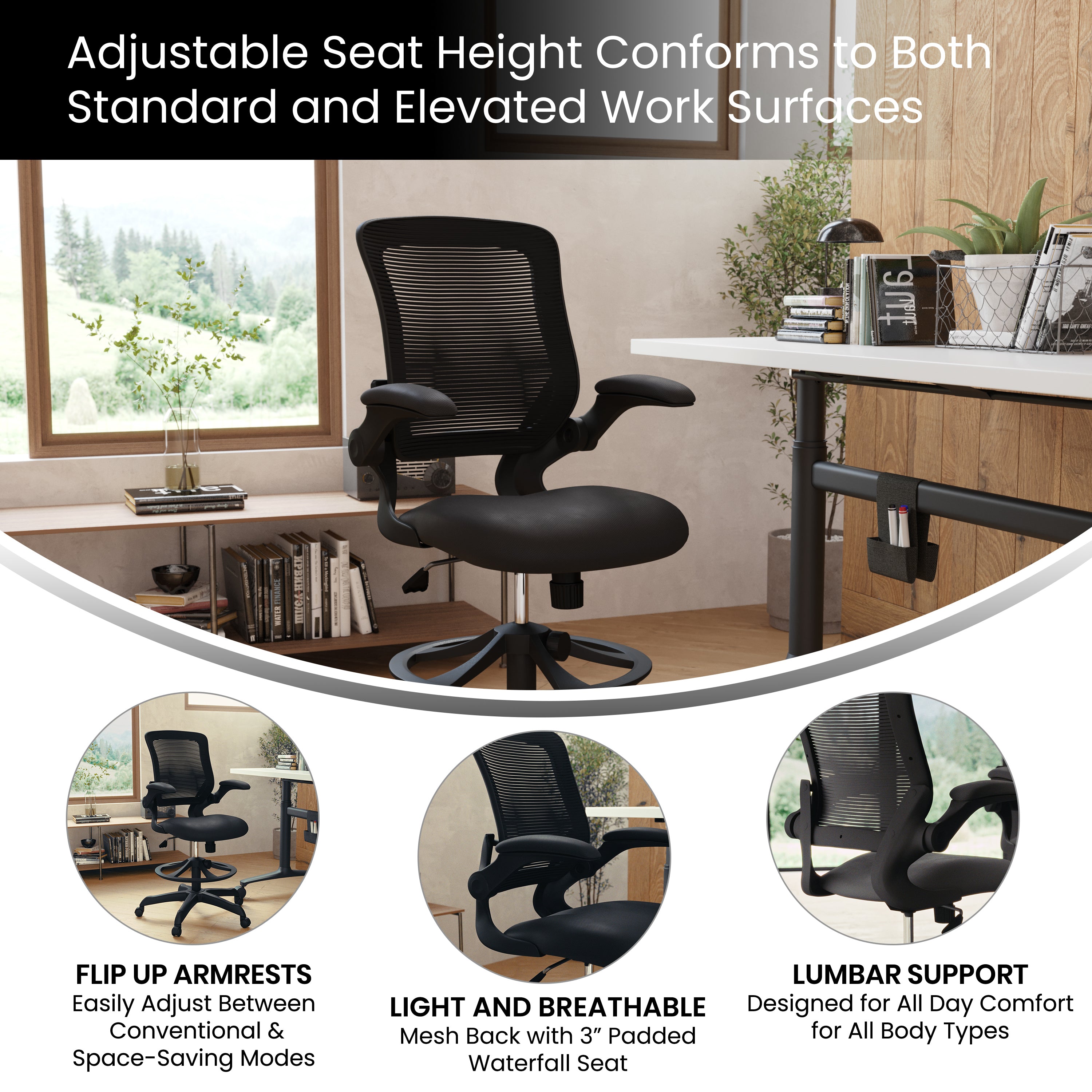 Mid-Back Mesh Ergonomic Drafting Chair with Adjustable Foot Ring and Flip-Up Arms-Drafting Stools-Flash Furniture-Wall2Wall Furnishings
