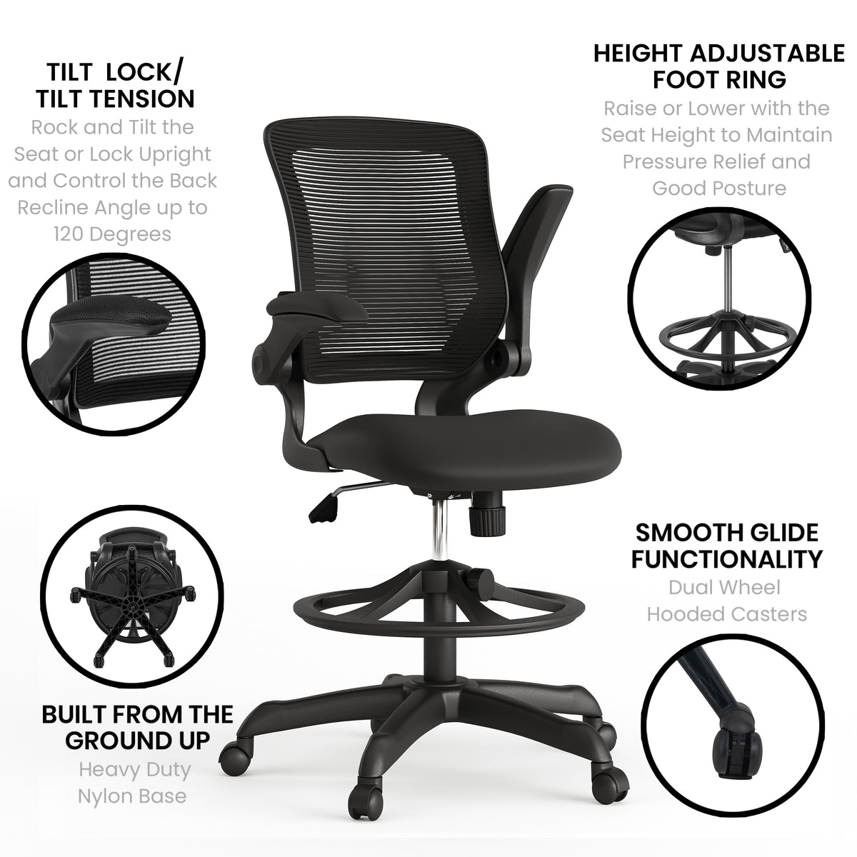 Mid-Back Mesh Ergonomic Drafting Chair with Adjustable Foot Ring and Flip-Up Arms