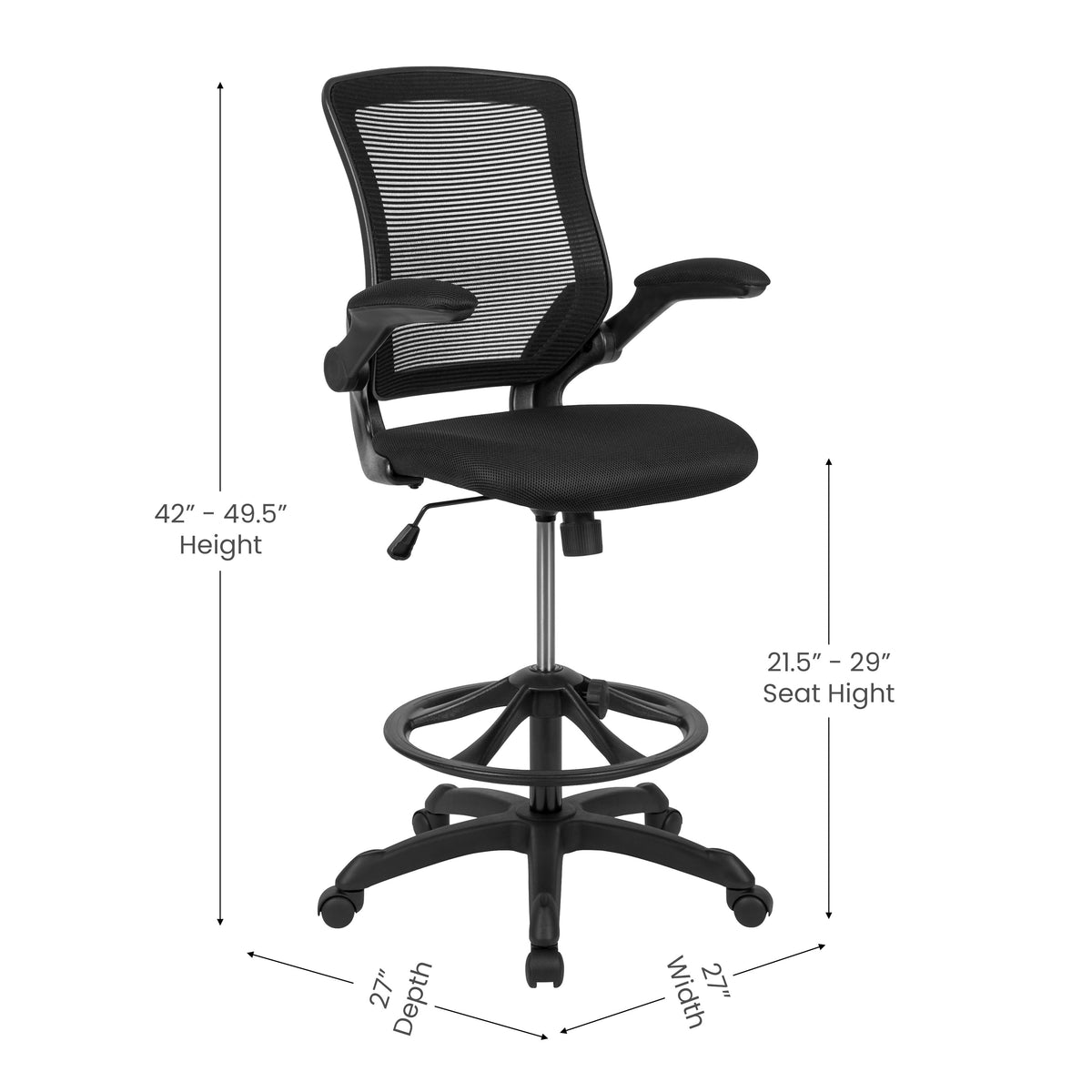 Mid-Back Mesh Ergonomic Drafting Chair with Adjustable Foot Ring and Flip-Up Arms